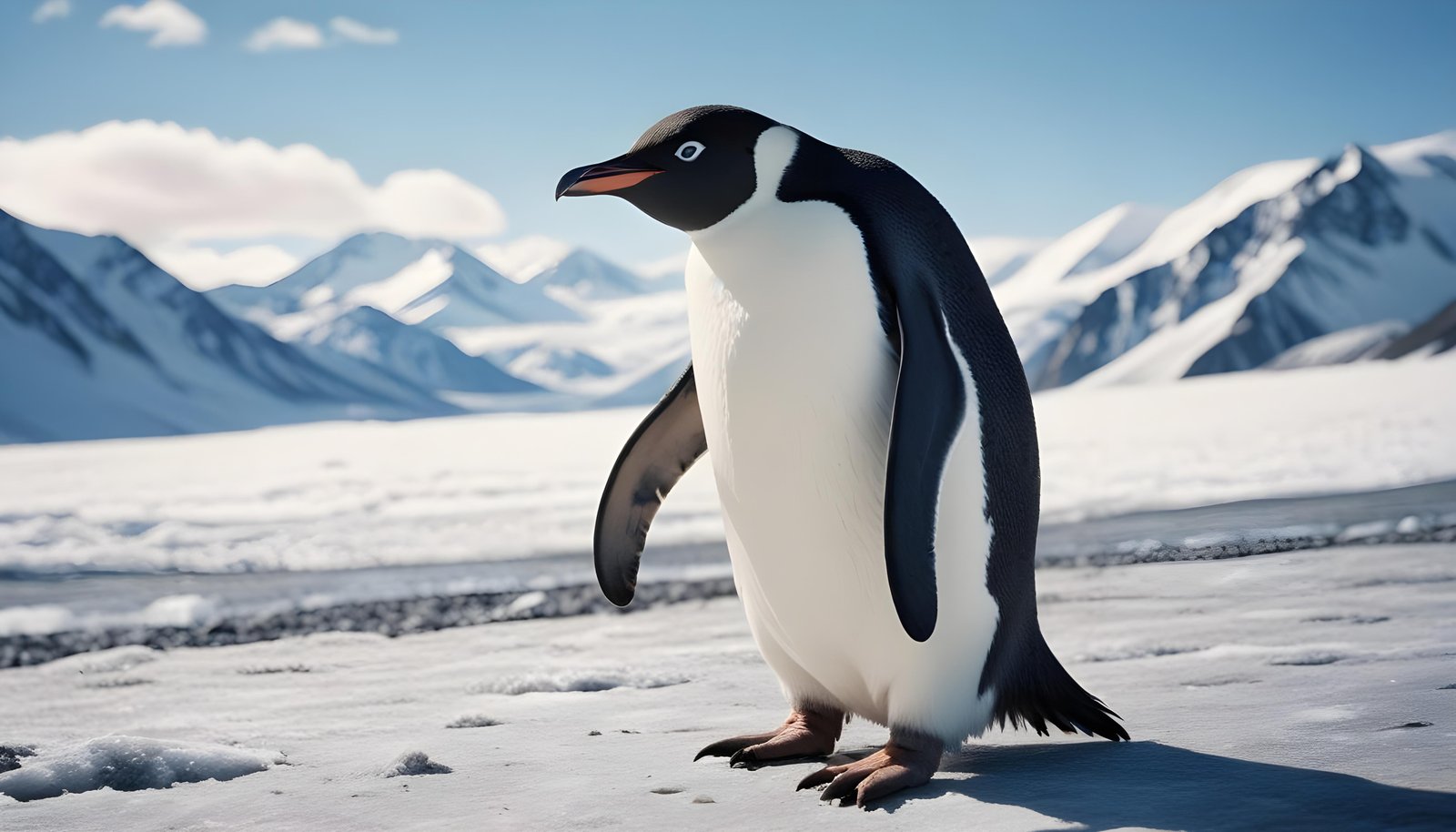 Majestic Penguin in Antarctic Landscape with Snow Covered Mountains Background