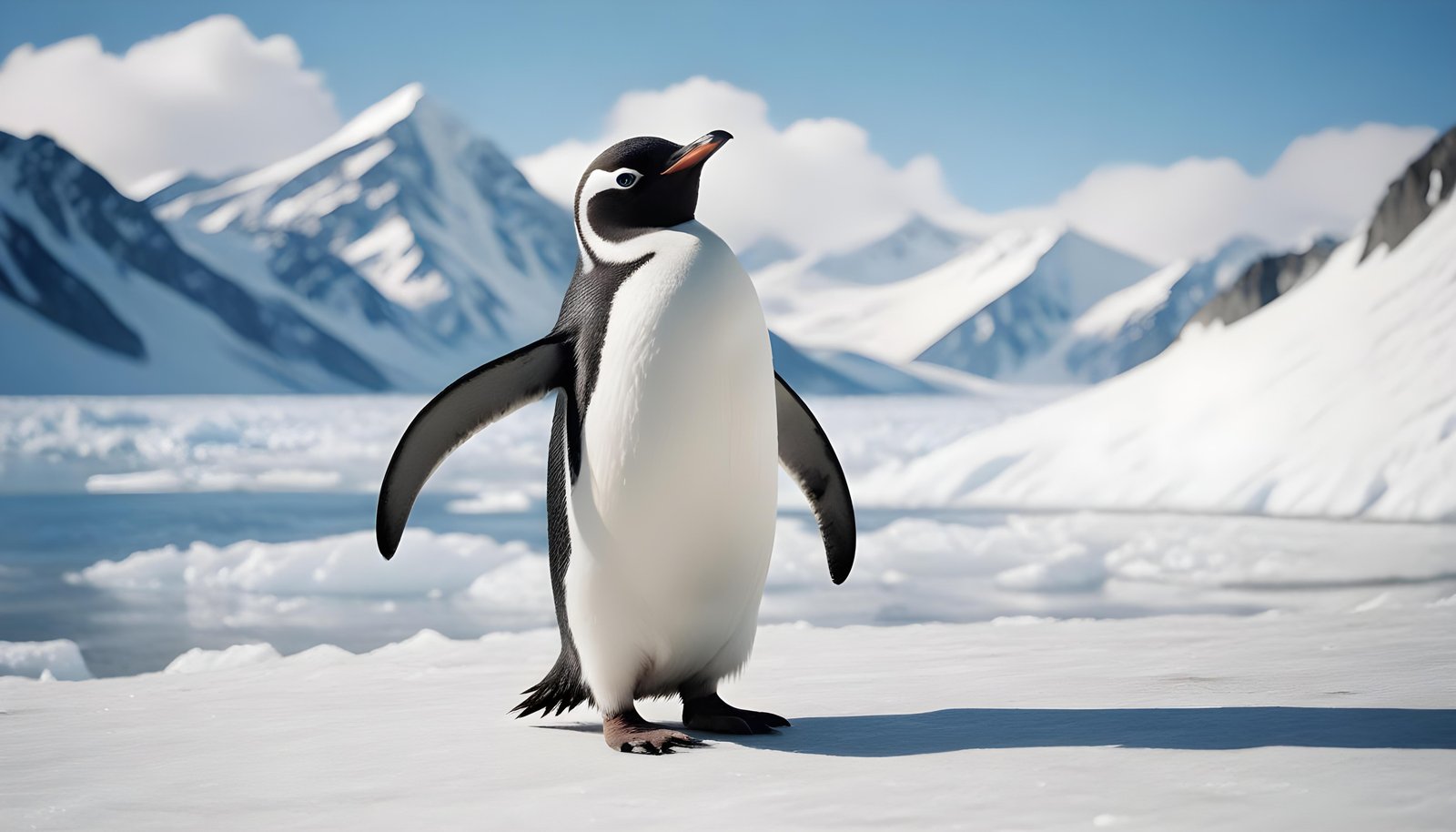 Majestic Penguin in Antarctic Landscape with Snow Covered Mountains Background