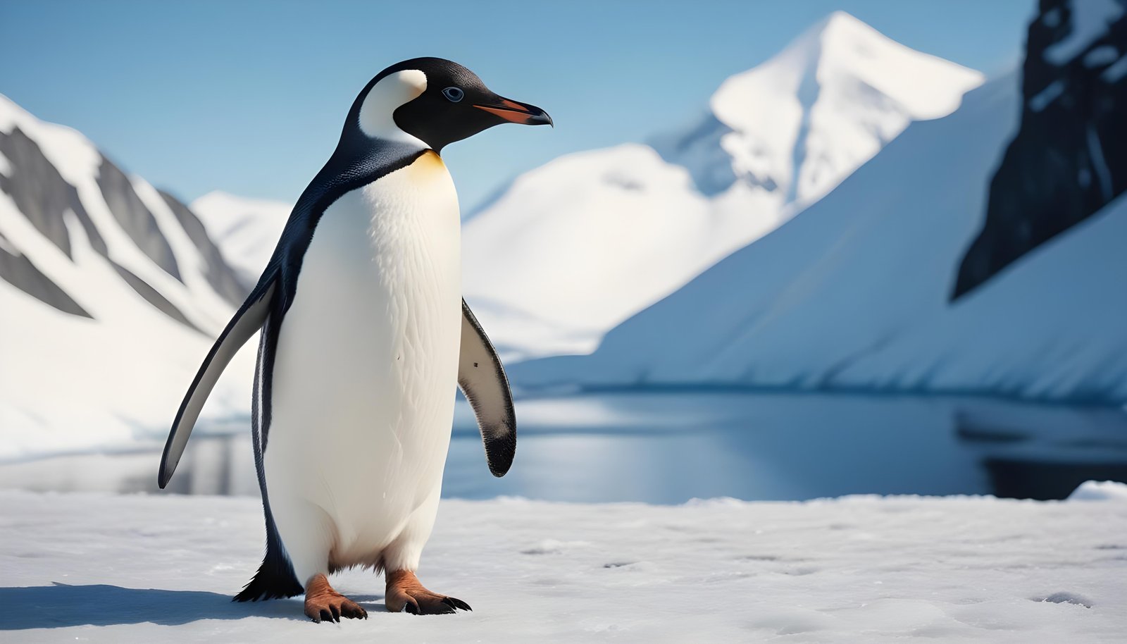 Majestic Penguin in Antarctic Landscape with Snow Covered Mountains Background