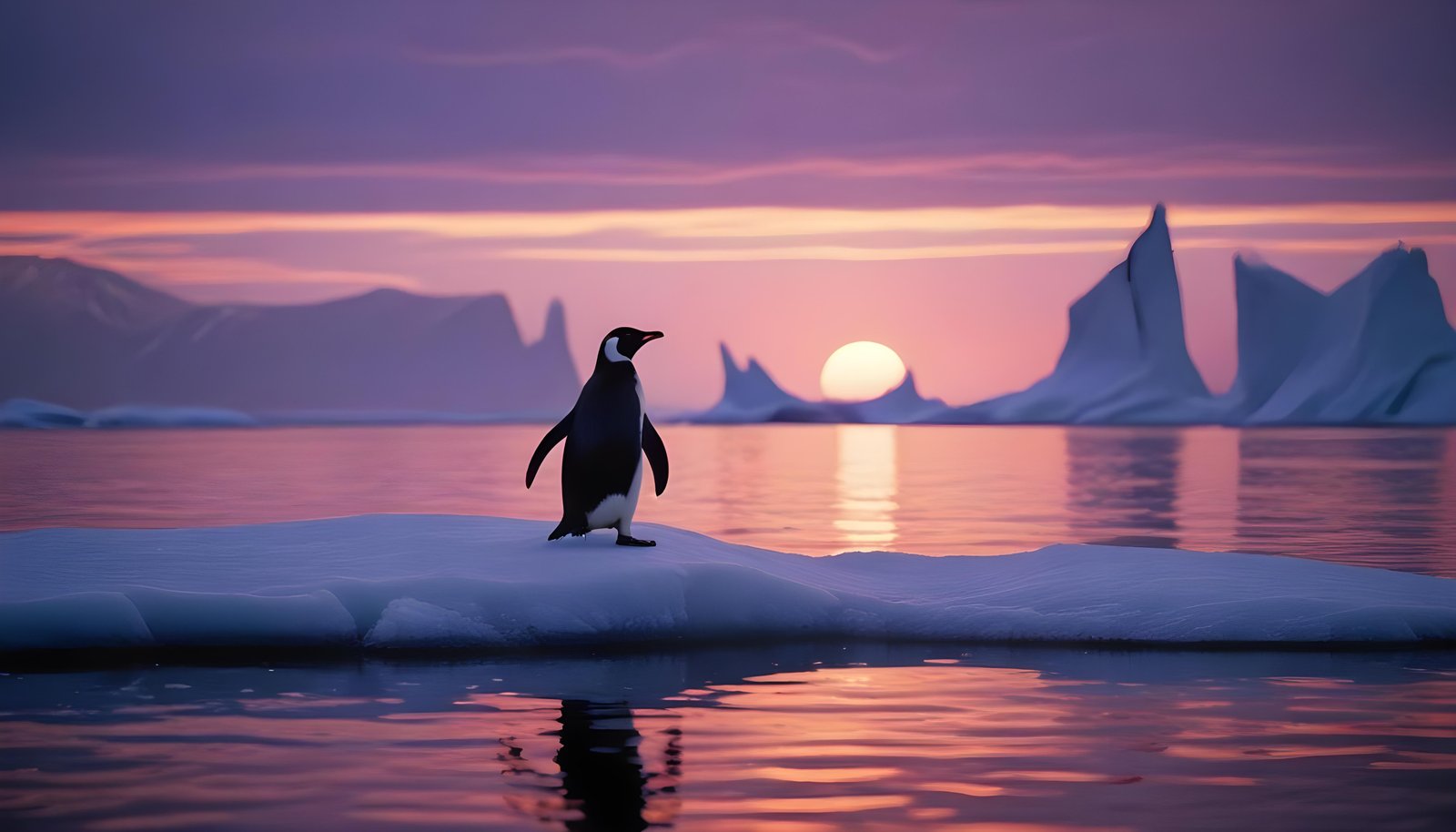 Majestic Penguin in Antarctic Landscape with Snow Covered Mountains Background