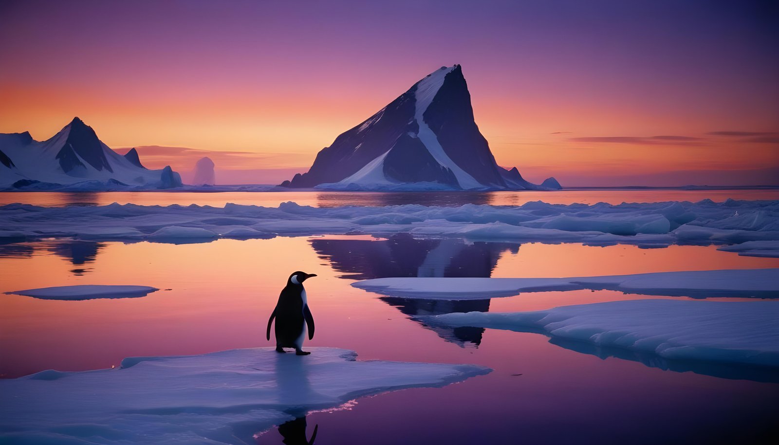 Majestic Penguin in Antarctic Landscape with Snow Covered Mountains Background