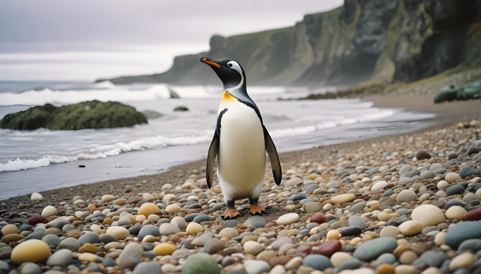 Majestic Penguin in Antarctic Landscape with Snow Covered Mountains Background