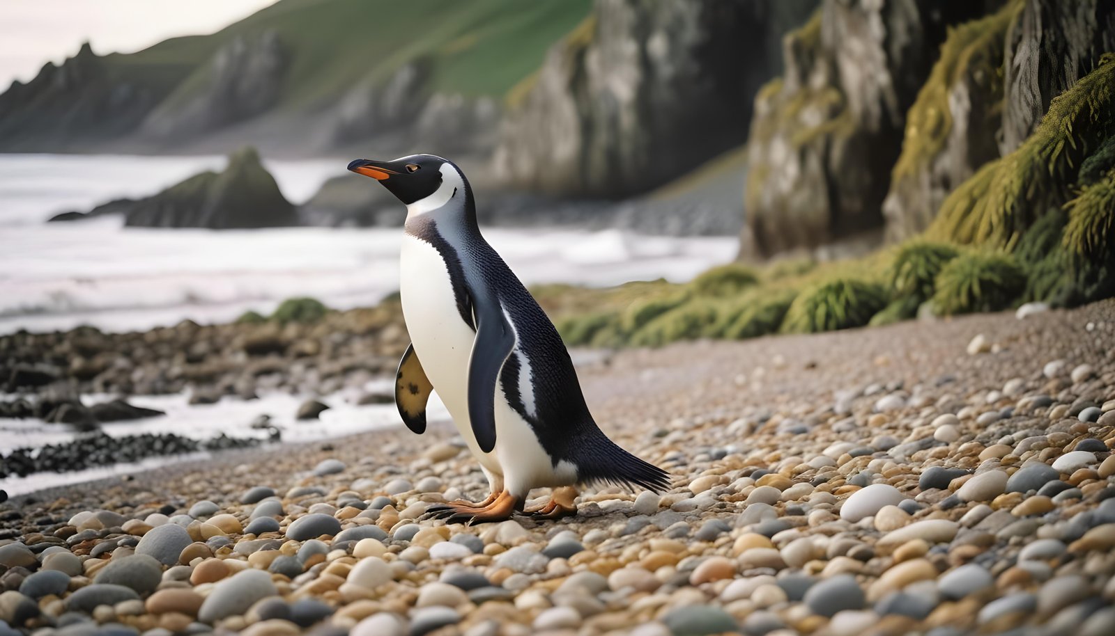 Majestic Penguin in Antarctic Landscape with Snow Covered Mountains Background