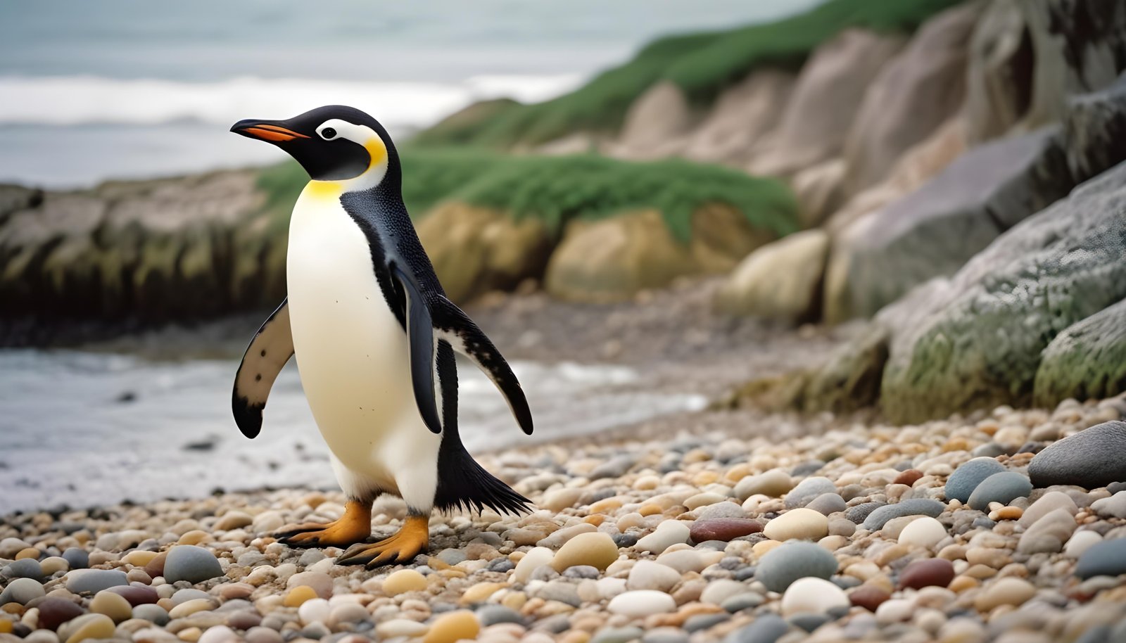Majestic Penguin in Antarctic Landscape with Snow Covered Mountains Background