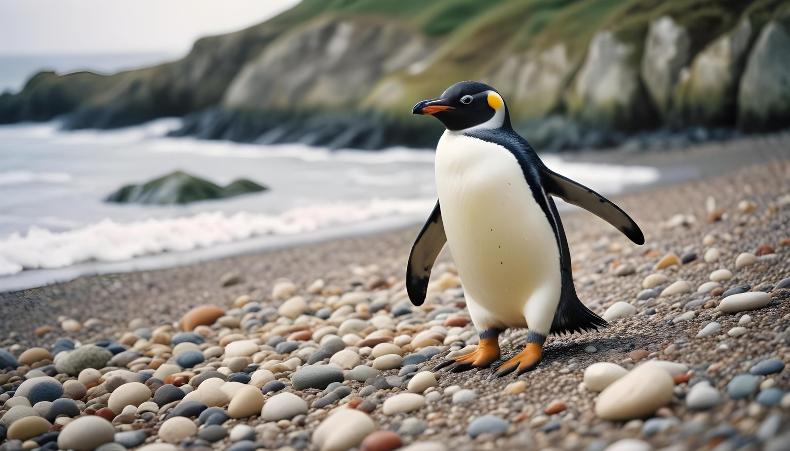 Majestic Penguin in Antarctic Landscape with Snow Covered Mountains Background