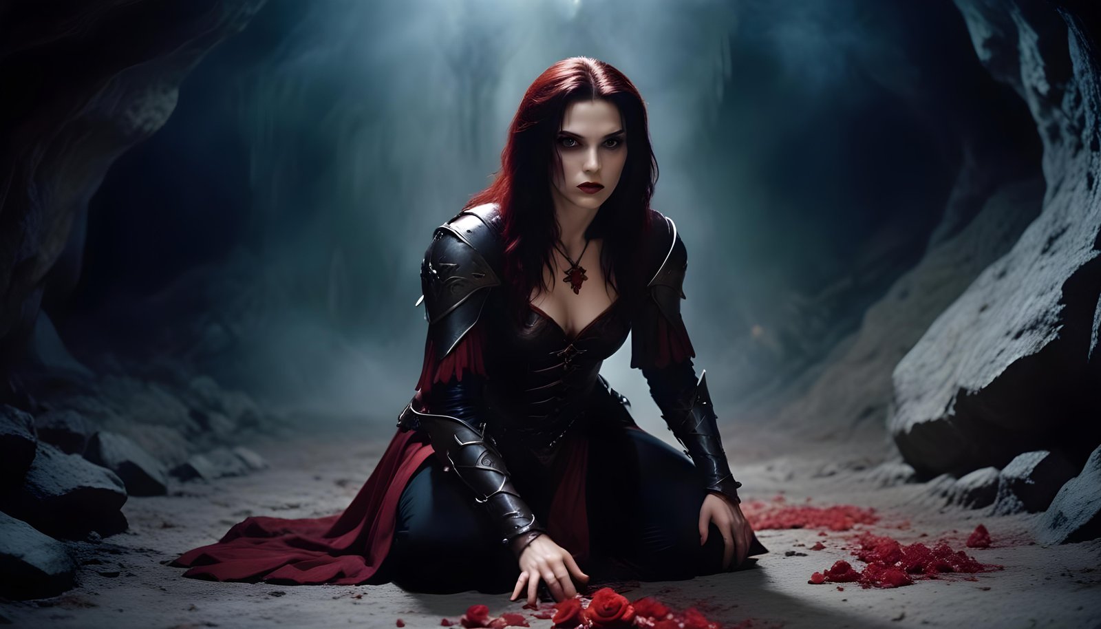 Mystical Vampire Queen Holding Red Rose in Dark Fantasy Gothic Setting