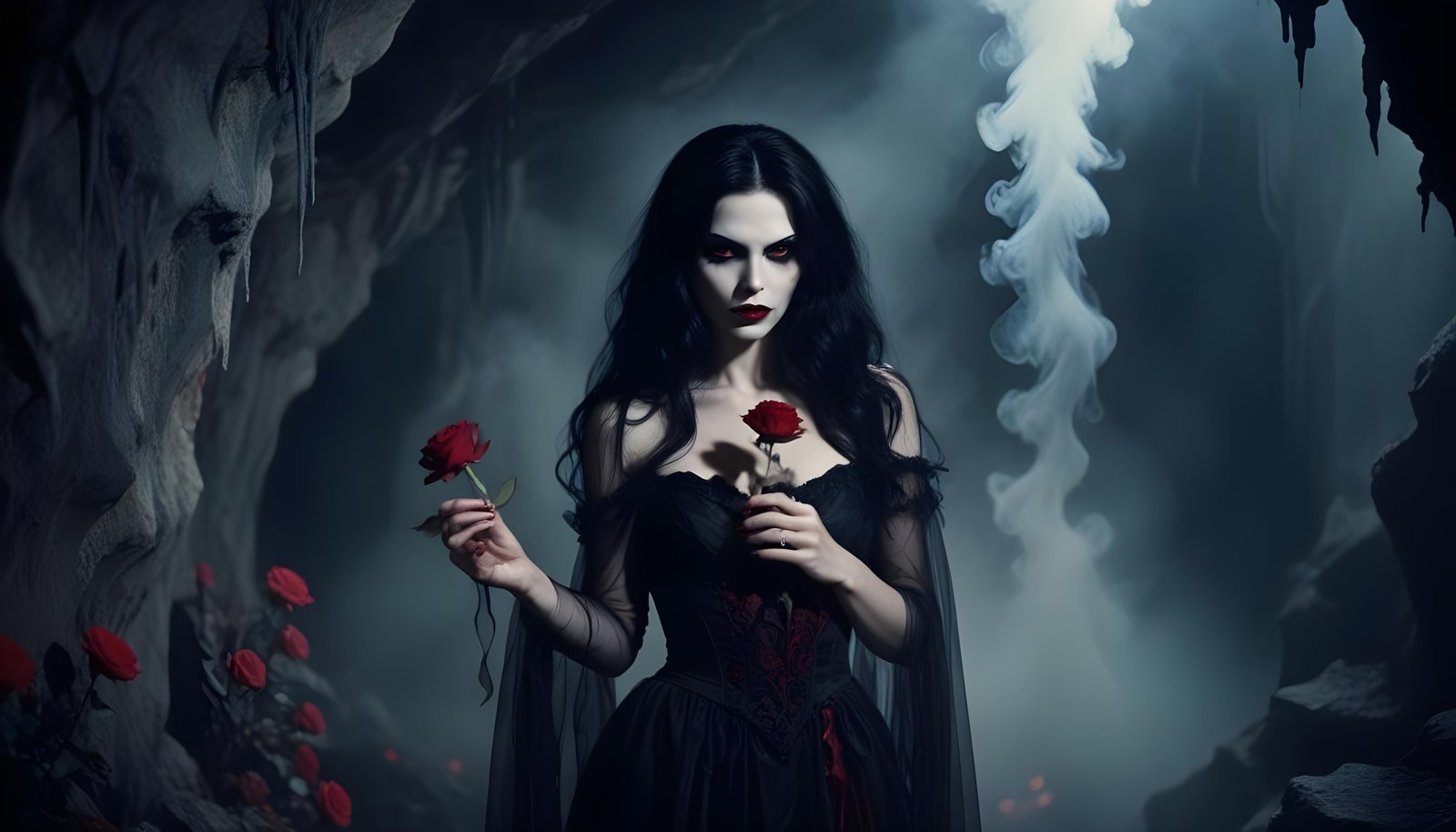 Mystical Vampire Queen Holding Red Rose in Dark Fantasy Gothic Setting