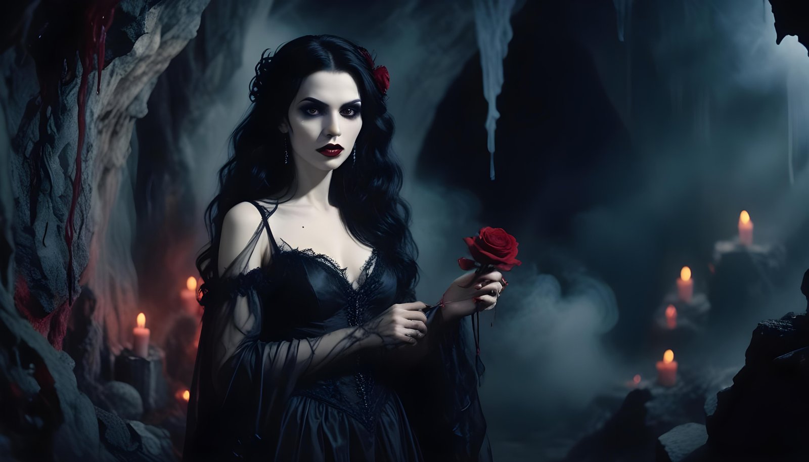 Mystical Vampire Queen Holding Red Rose in Dark Fantasy Gothic Setting