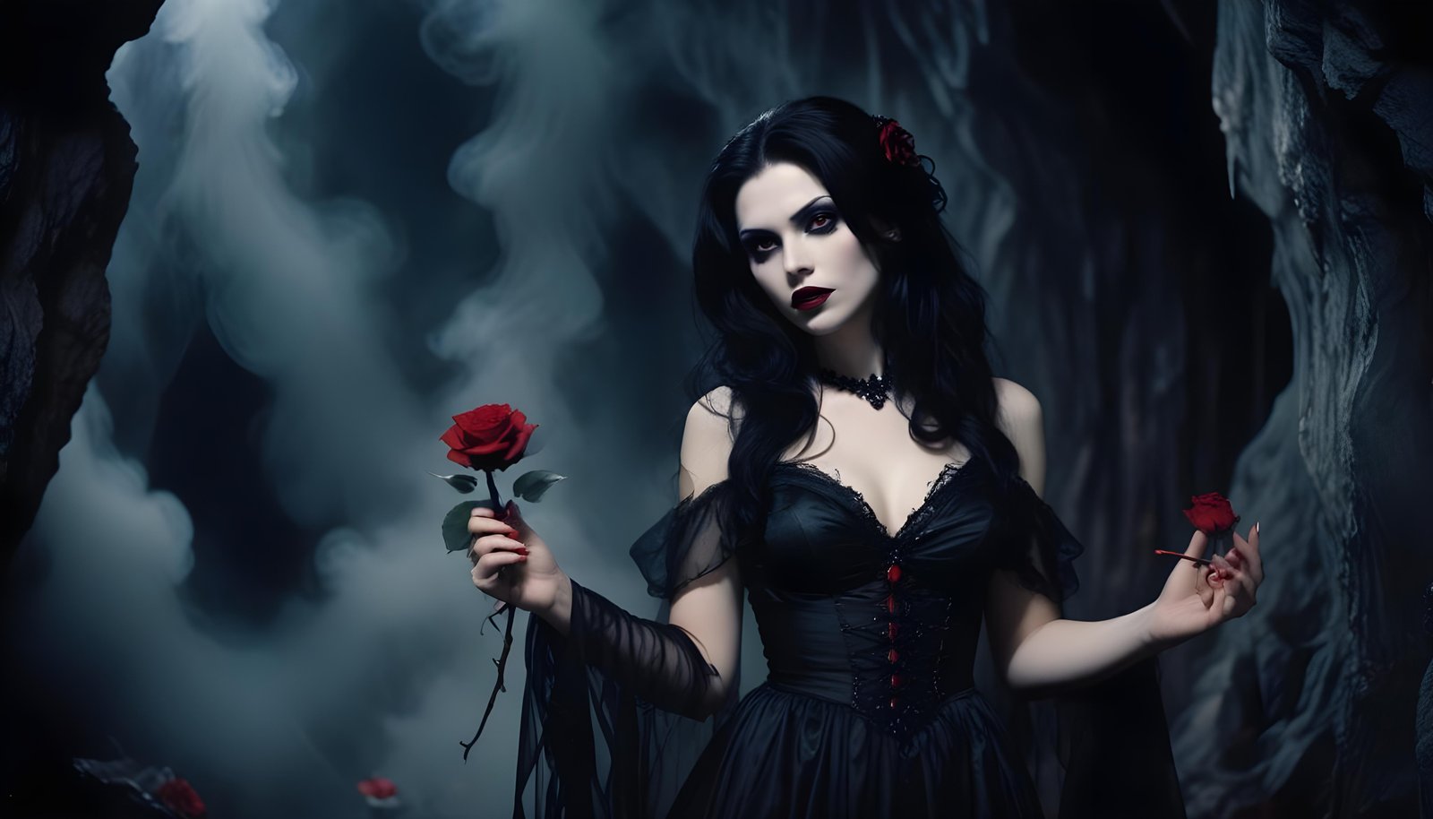 Mystical Vampire Queen Holding Red Rose in Dark Fantasy Gothic Setting