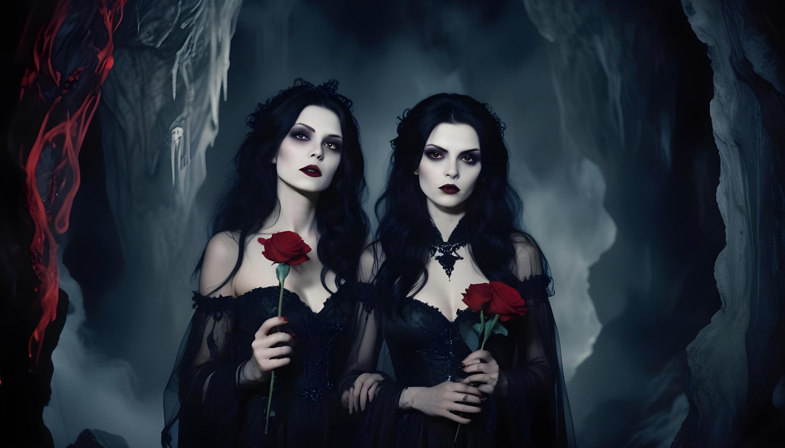 Mystical Vampire Queen Holding Red Rose in Dark Fantasy Gothic Setting