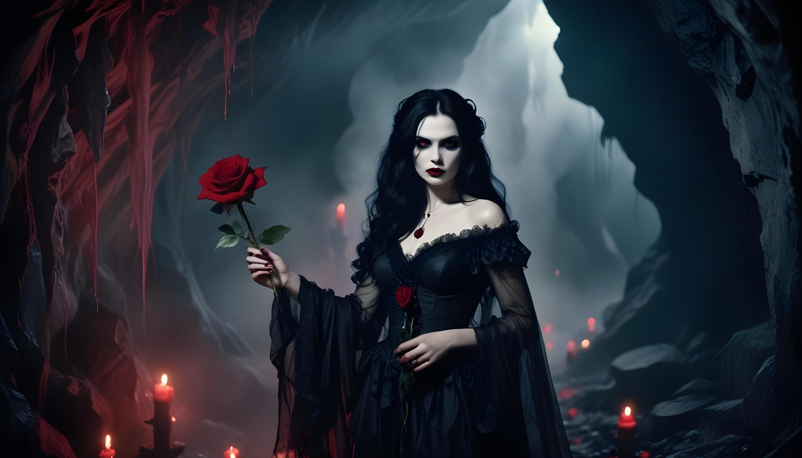 Mystical Vampire Queen Holding Red Rose in Dark Fantasy Gothic Setting