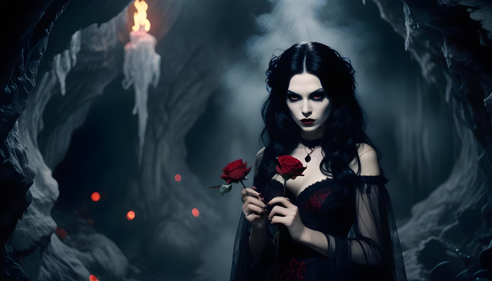 Mystical Vampire Queen Holding Red Rose in Dark Fantasy Gothic Setting