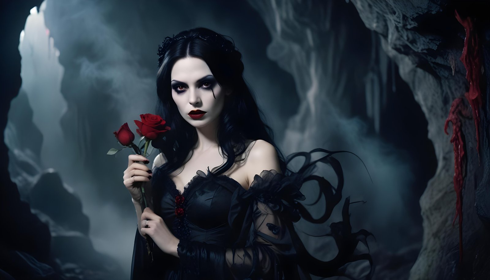 Mystical Vampire Queen Holding Red Rose in Dark Fantasy Gothic Setting