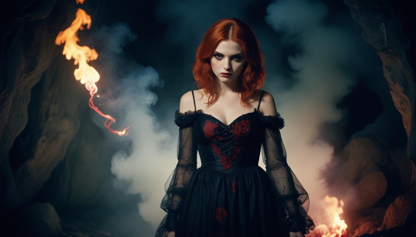 Mystical Vampire Queen Holding Red Rose in Dark Fantasy Gothic Setting