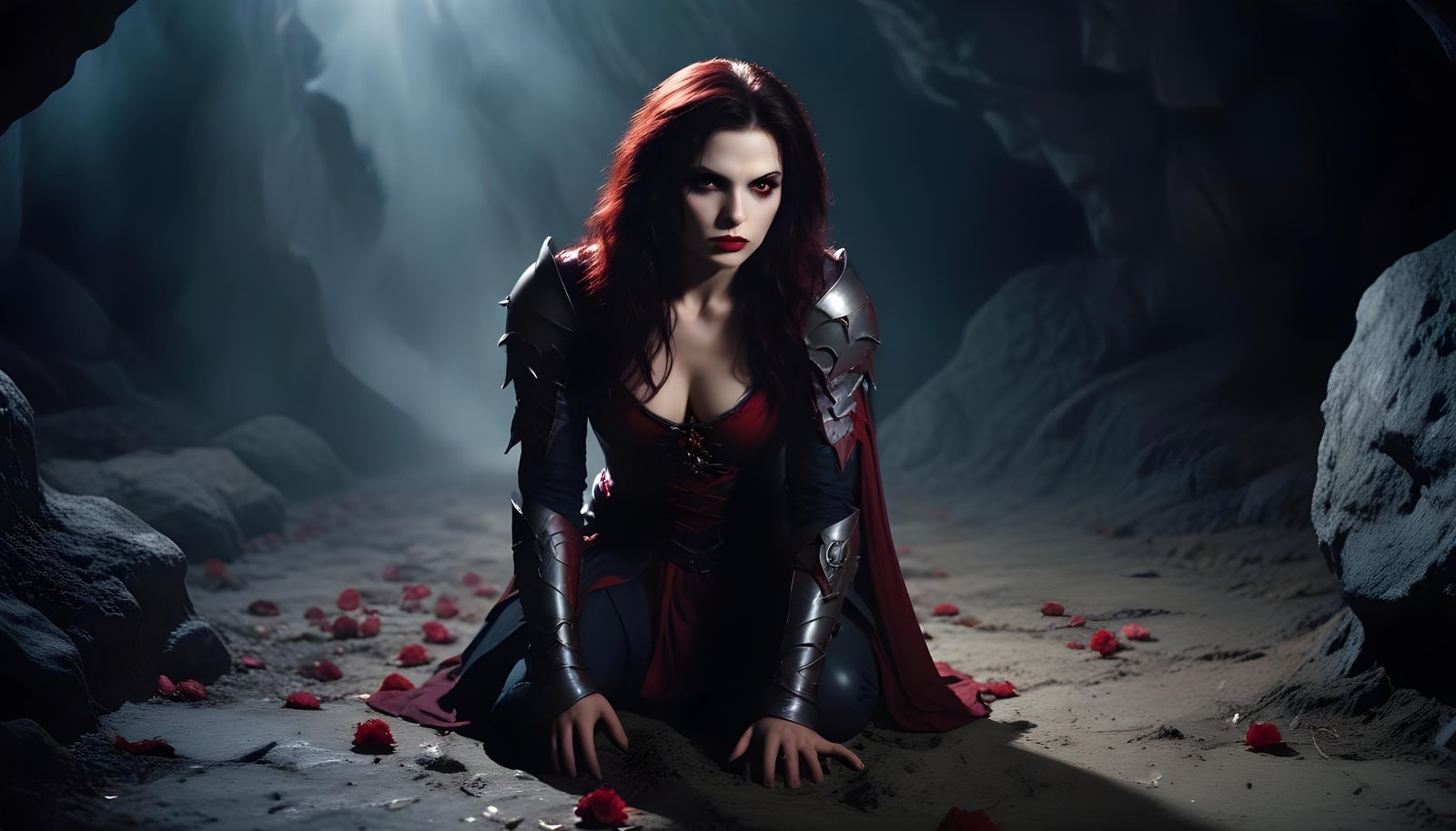 Mystical Vampire Queen Holding Red Rose in Dark Fantasy Gothic Setting