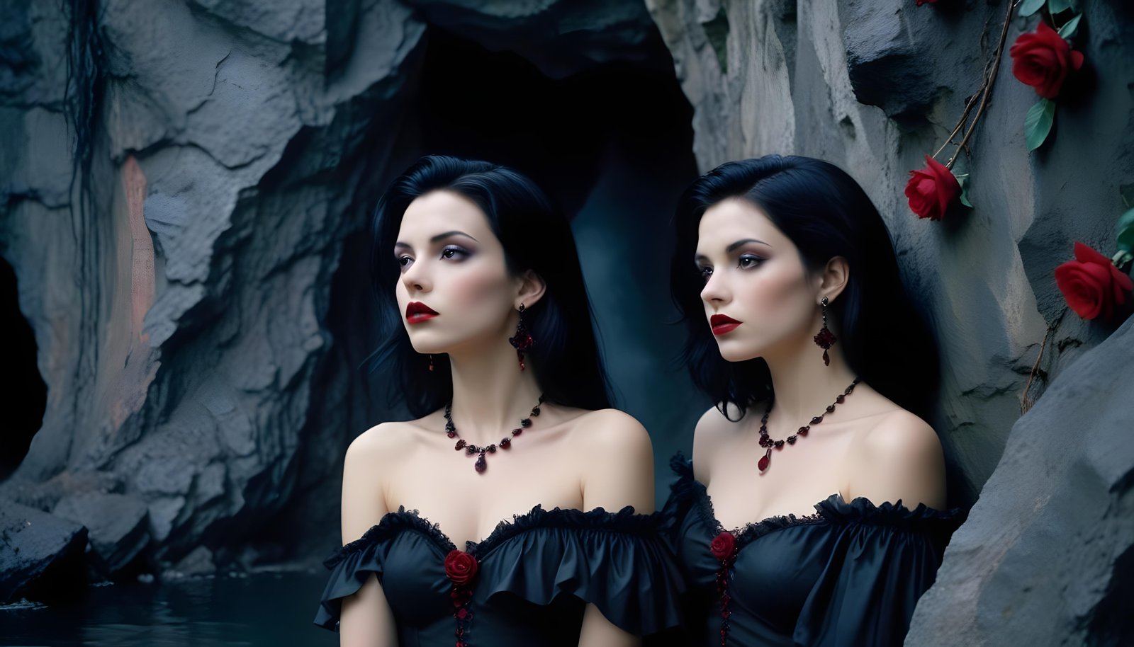 Mystical Vampire Queen Holding Red Rose in Dark Fantasy Gothic Setting
