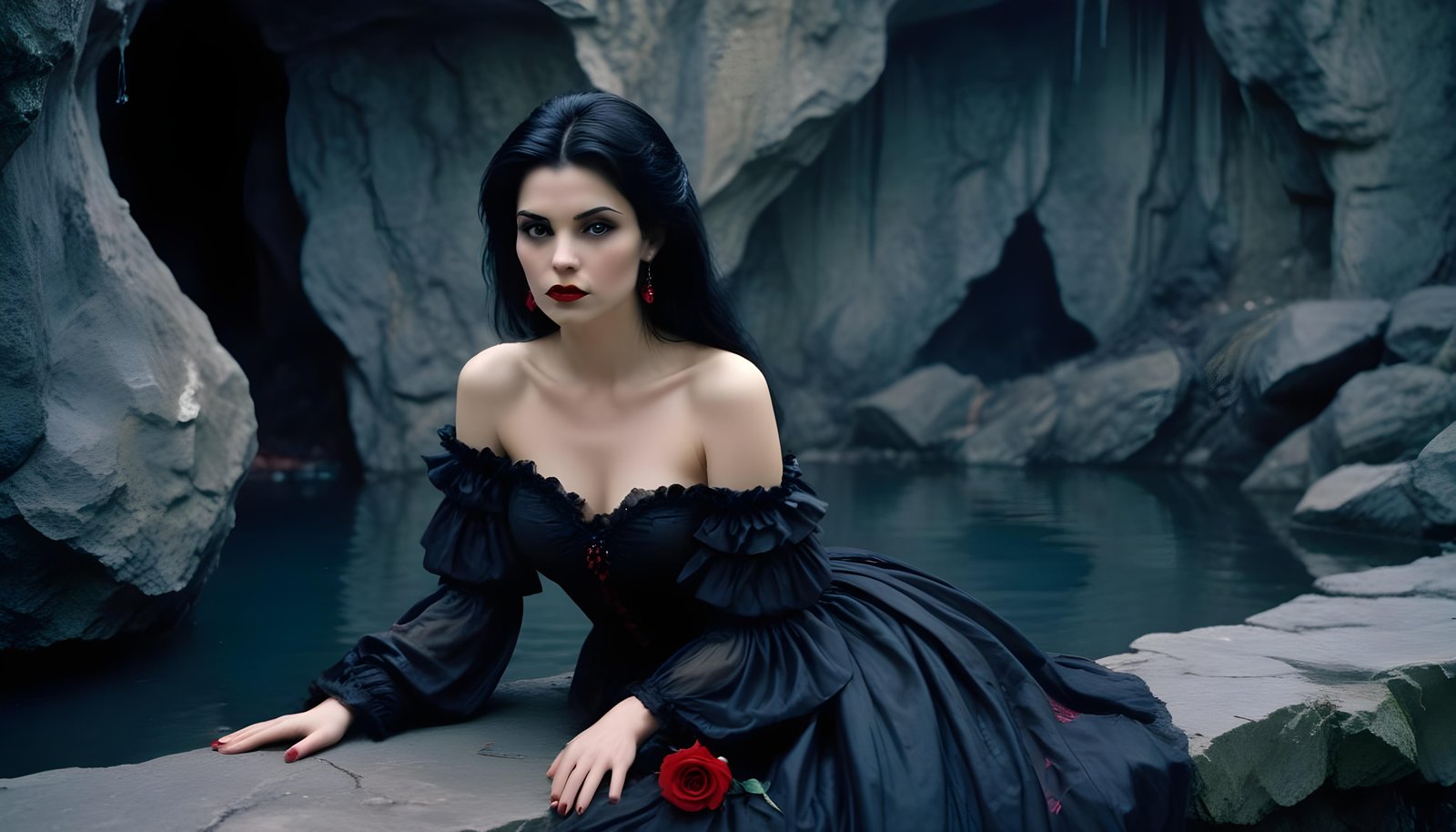 Mystical Vampire Queen Holding Red Rose in Dark Fantasy Gothic Setting