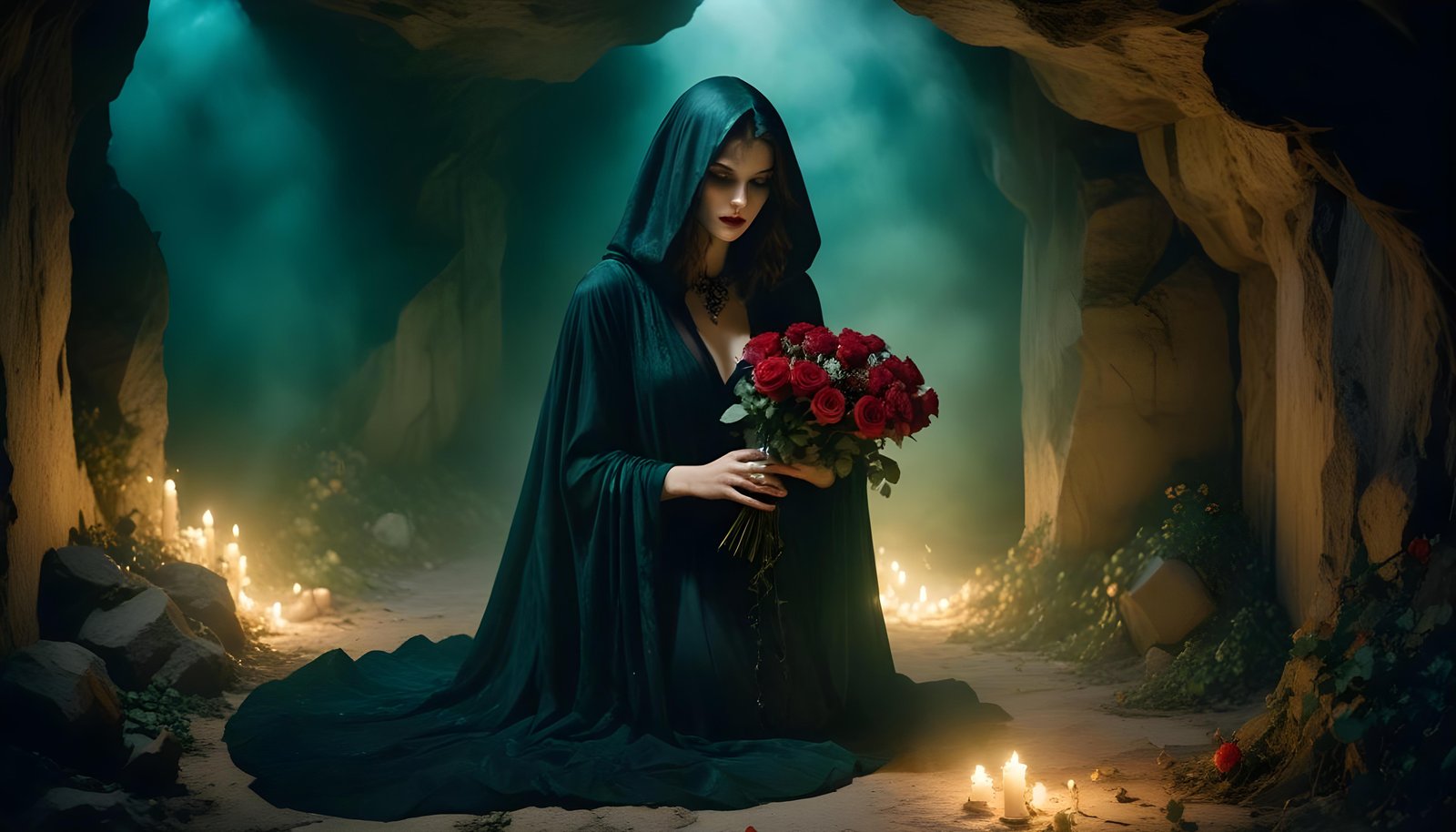 Mystical Vampire Queen Holding Red Rose in Dark Fantasy Gothic Setting