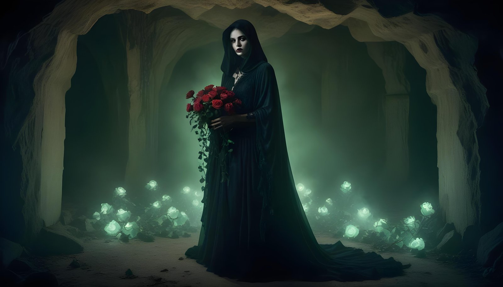 Mystical Vampire Queen Holding Red Rose in Dark Fantasy Gothic Setting