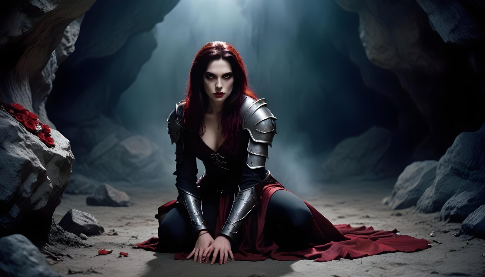 Mystical Vampire Queen Holding Red Rose in Dark Fantasy Gothic Setting