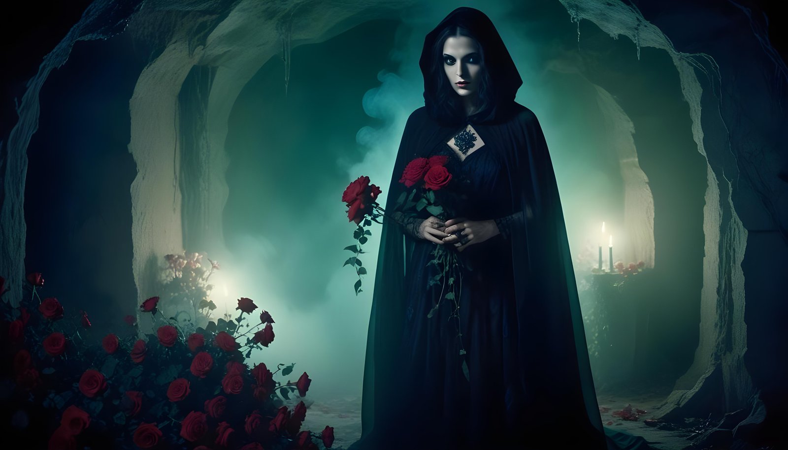 Mystical Vampire Queen Holding Red Rose in Dark Fantasy Gothic Setting