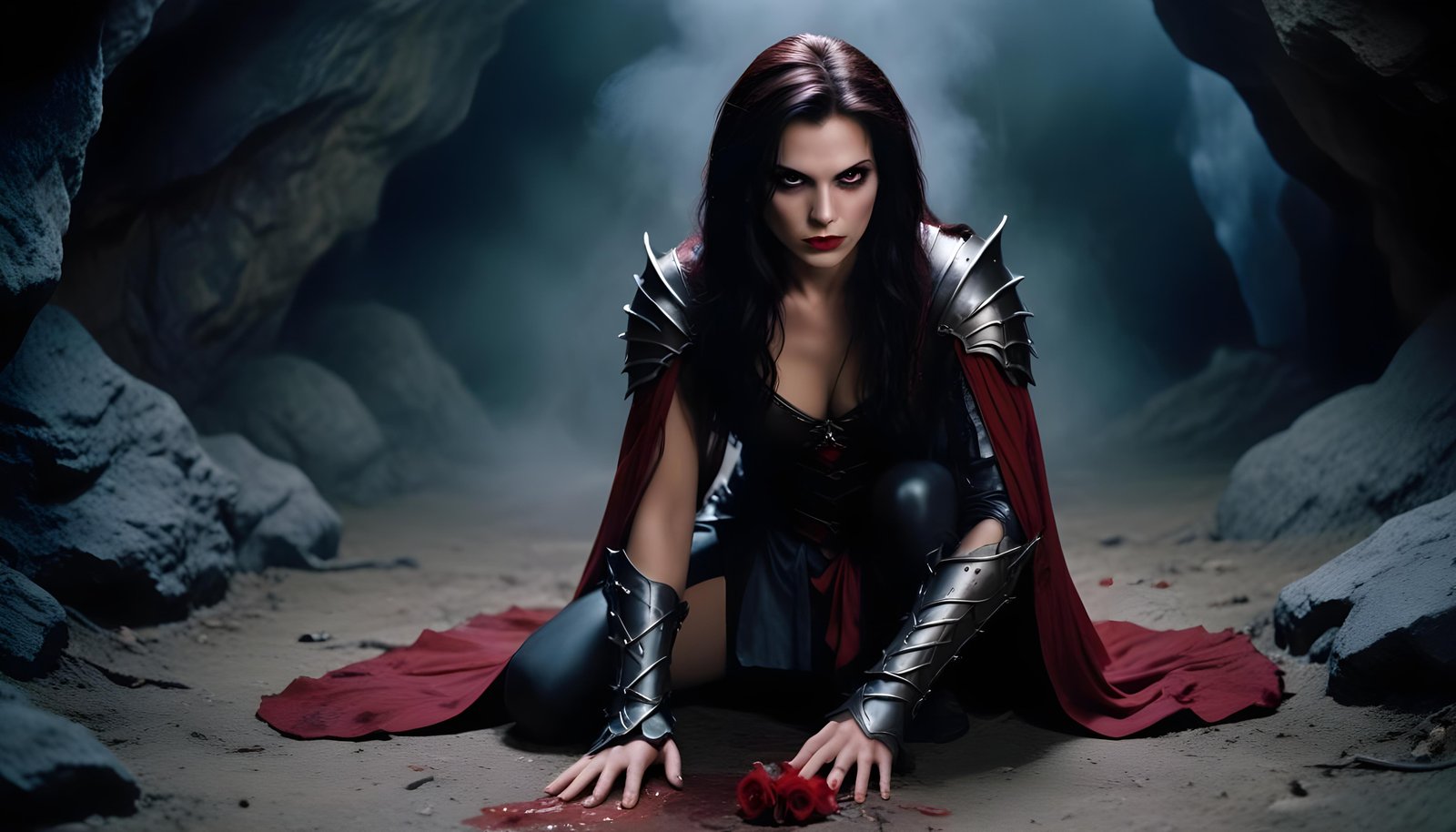 Mystical Vampire Queen Holding Red Rose in Dark Fantasy Gothic Setting