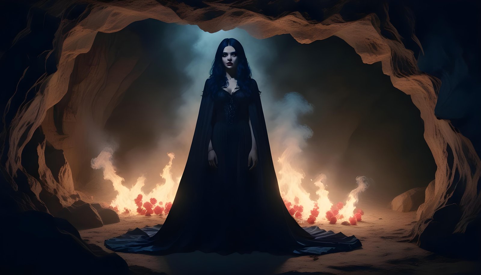 Mystical Vampire Queen Holding Red Rose in Dark Fantasy Gothic Setting