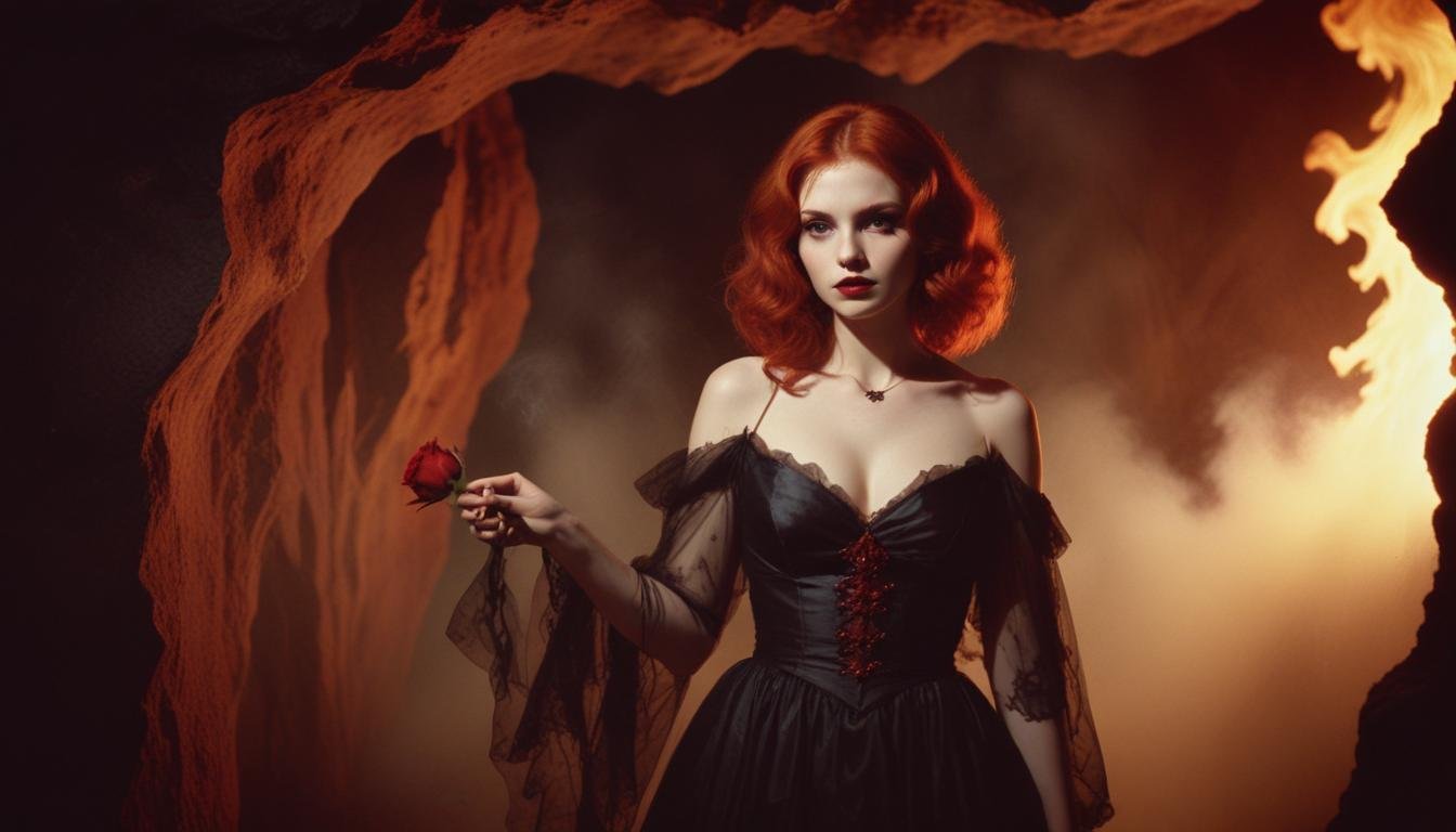 Mystical Vampire Queen Holding Red Rose in Dark Fantasy Gothic Setting