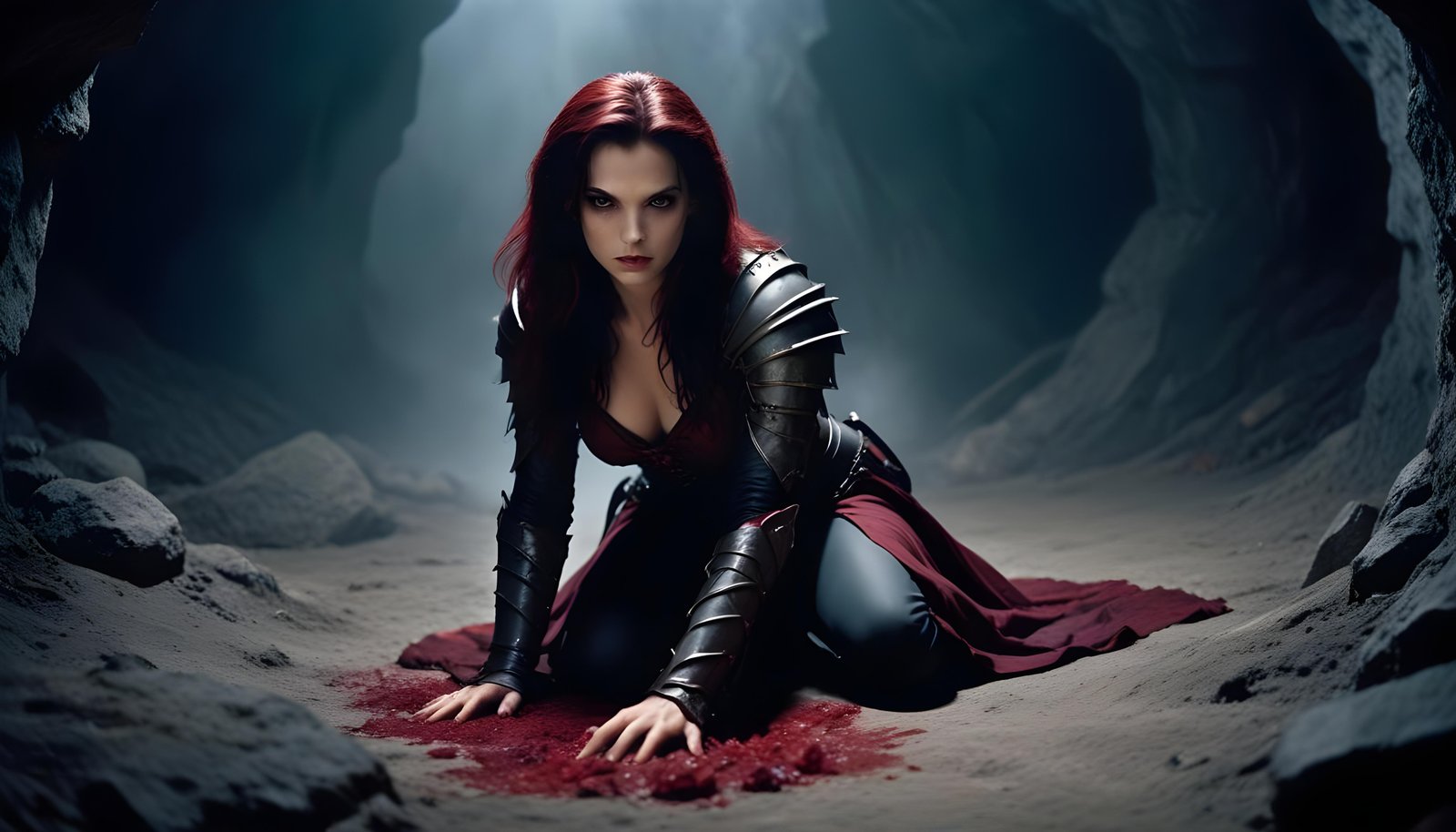 Mystical Vampire Queen Holding Red Rose in Dark Fantasy Gothic Setting