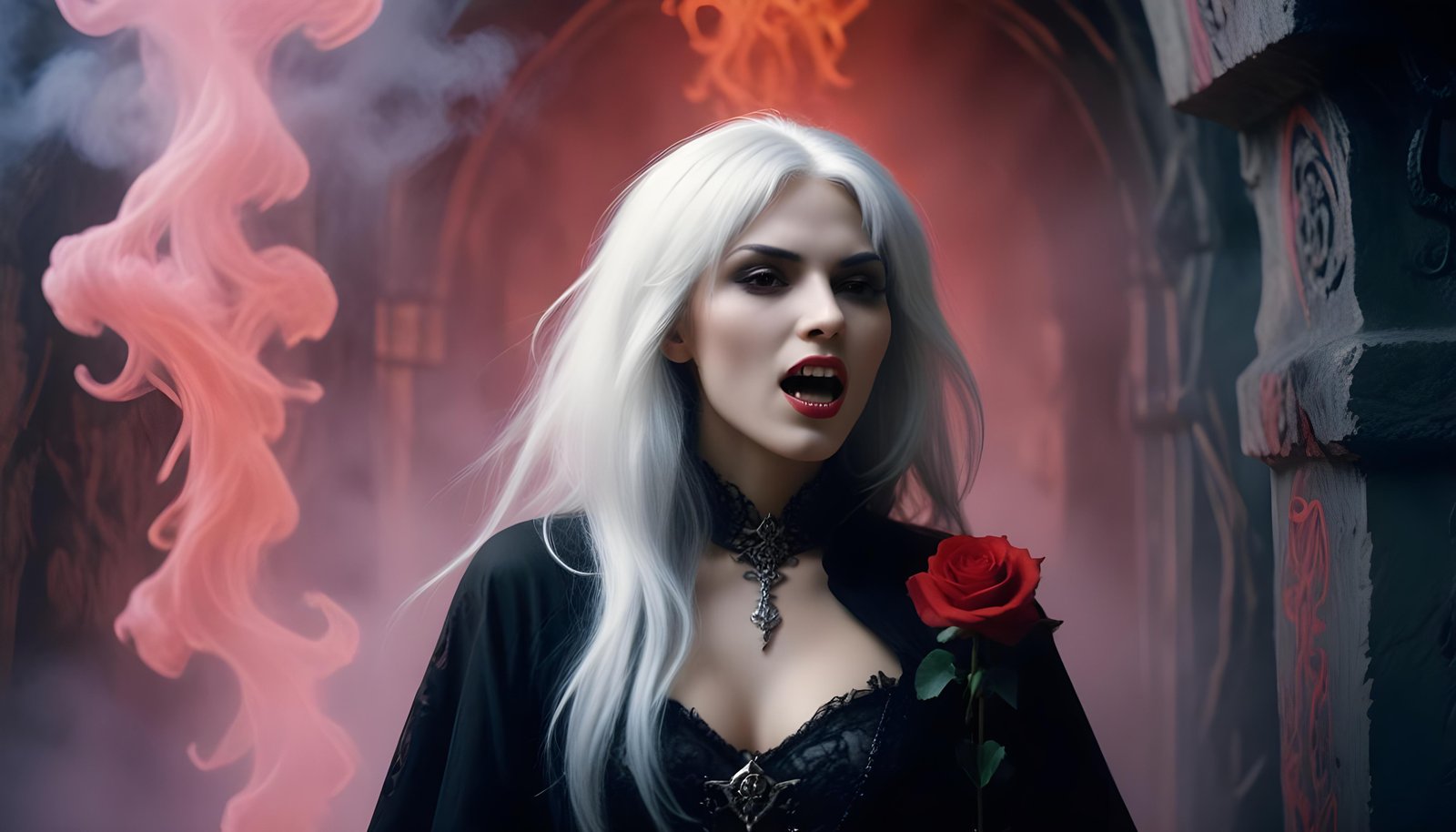 Mystical Vampire Queen Holding Red Rose in Dark Fantasy Gothic Setting