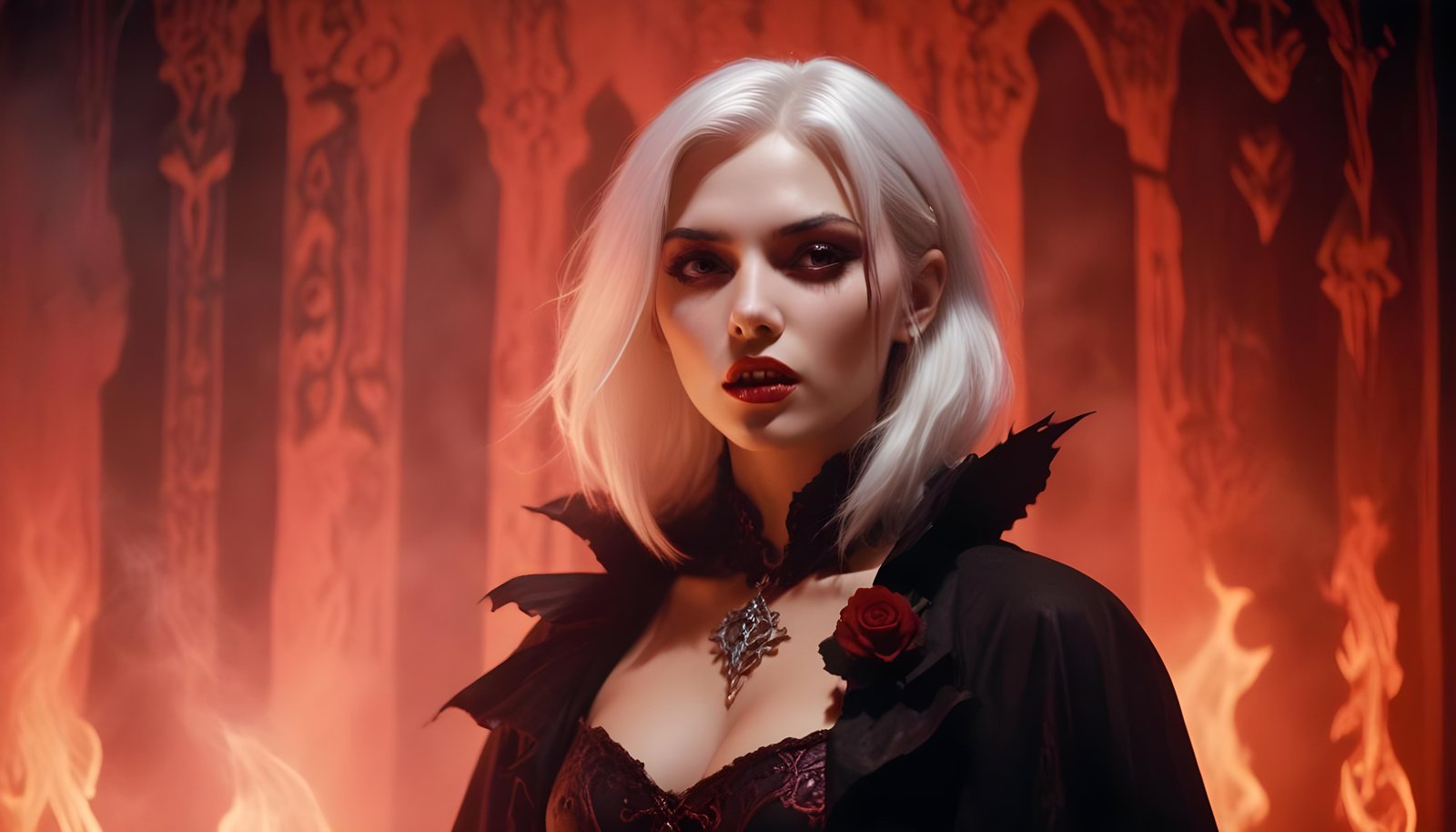 Mystical Vampire Queen Holding Red Rose in Dark Fantasy Gothic Setting