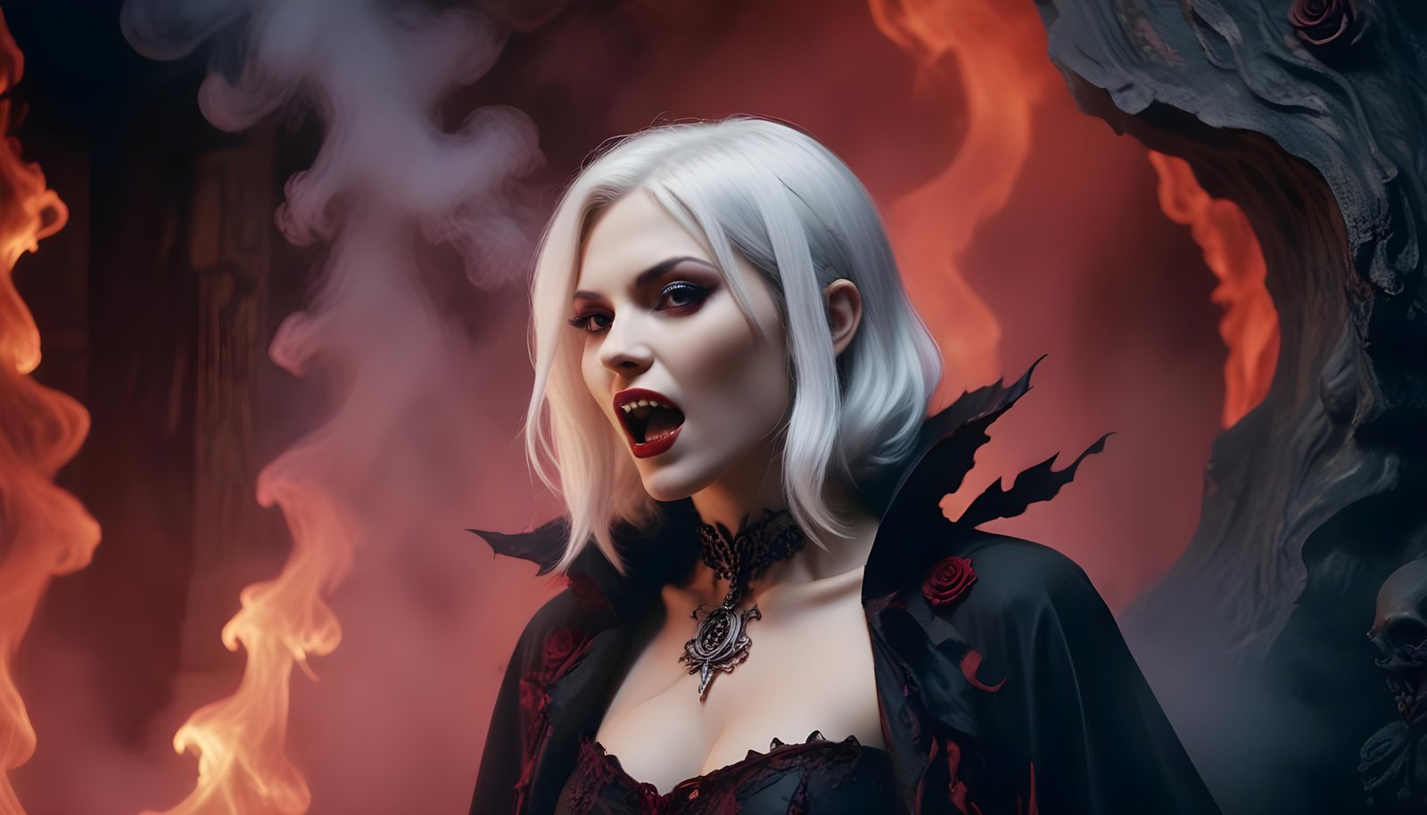 Mystical Vampire Queen Holding Red Rose in Dark Fantasy Gothic Setting