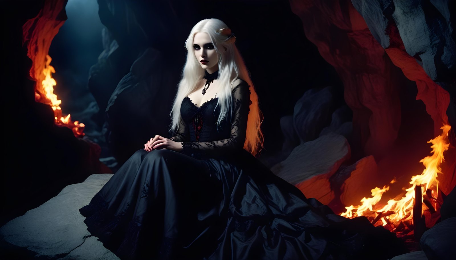 Mystical Vampire Queen Holding Red Rose in Dark Fantasy Gothic Setting