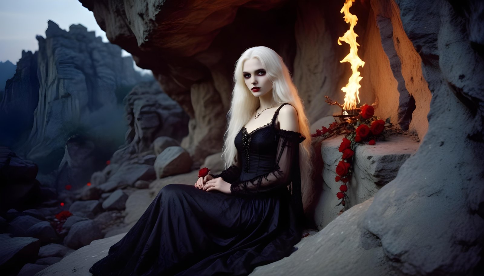 Mystical Vampire Queen Holding Red Rose in Dark Fantasy Gothic Setting