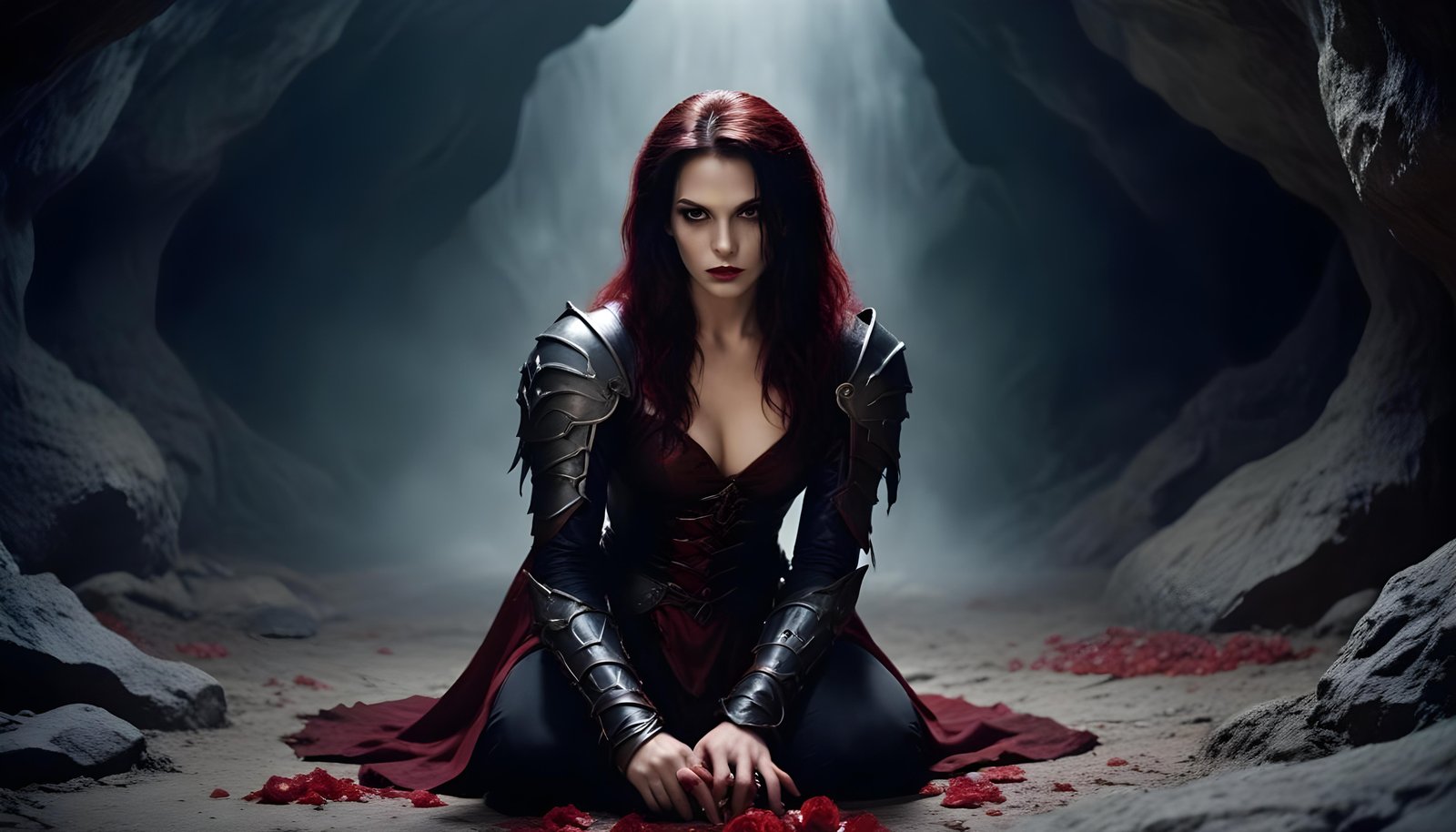Mystical Vampire Queen Holding Red Rose in Dark Fantasy Gothic Setting
