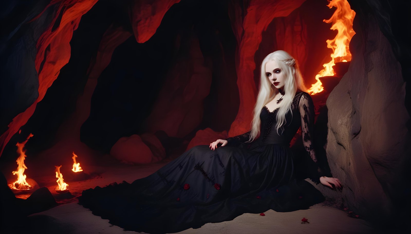 Mystical Vampire Queen Holding Red Rose in Dark Fantasy Gothic Setting