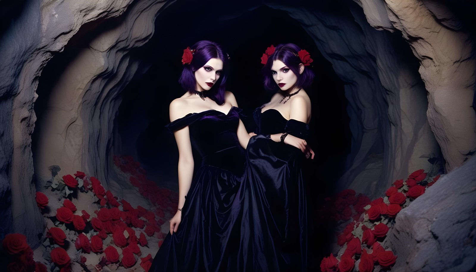 Mystical Vampire Queen Holding Red Rose in Dark Fantasy Gothic Setting