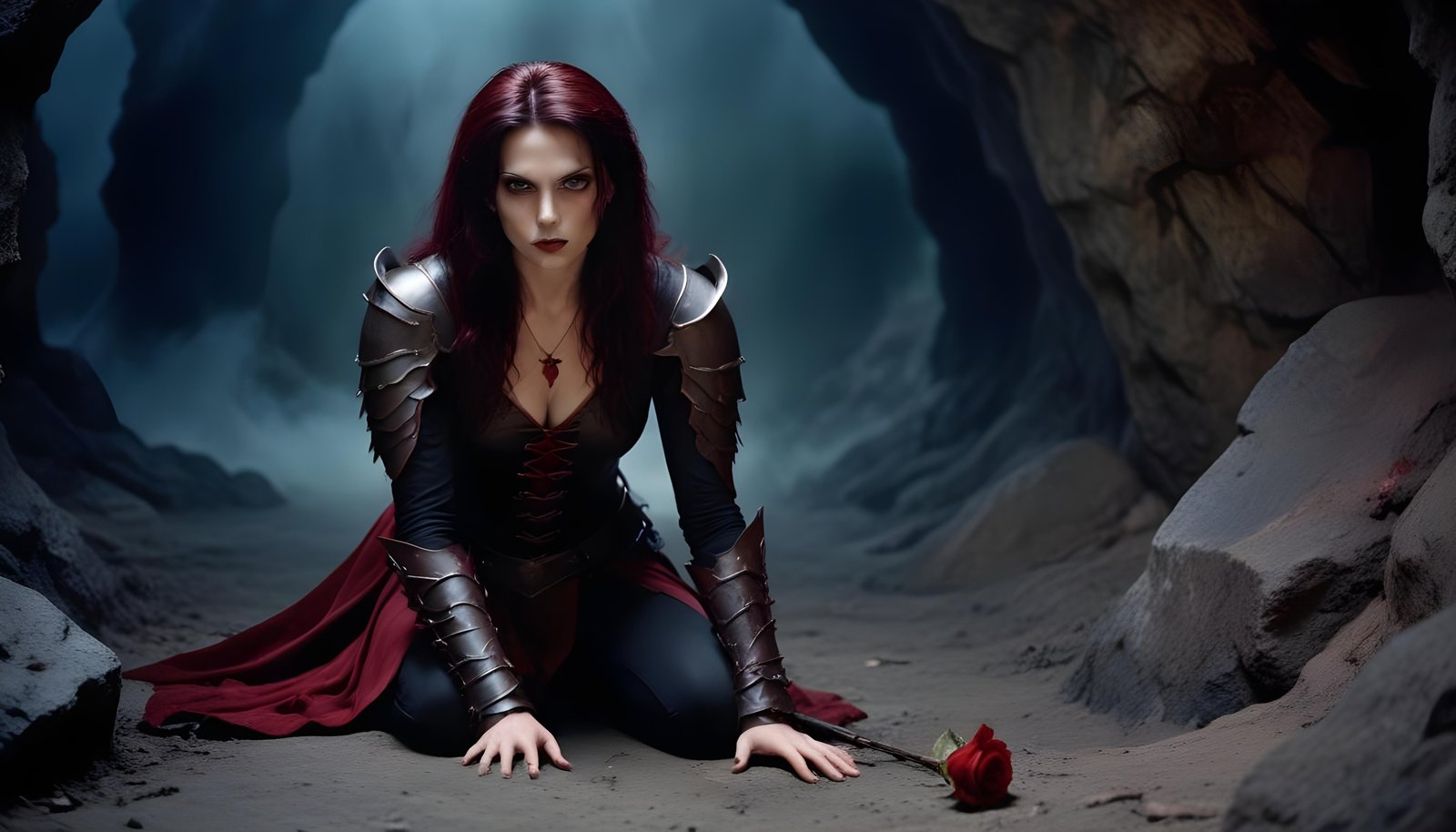 Mystical Vampire Queen Holding Red Rose in Dark Fantasy Gothic Setting