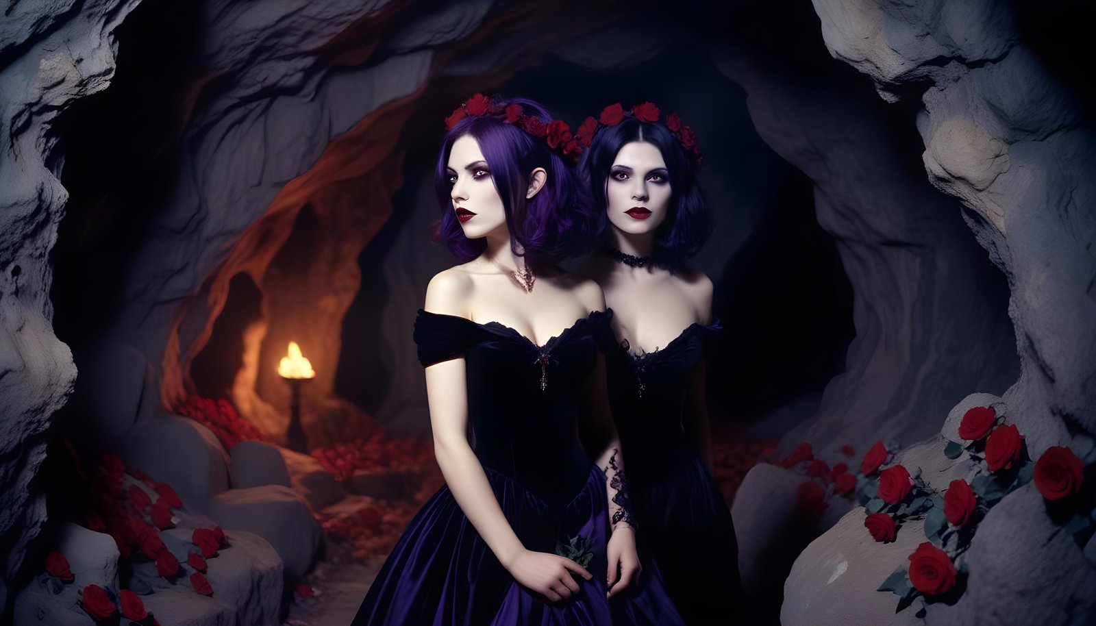 Mystical Vampire Queen Holding Red Rose in Dark Fantasy Gothic Setting