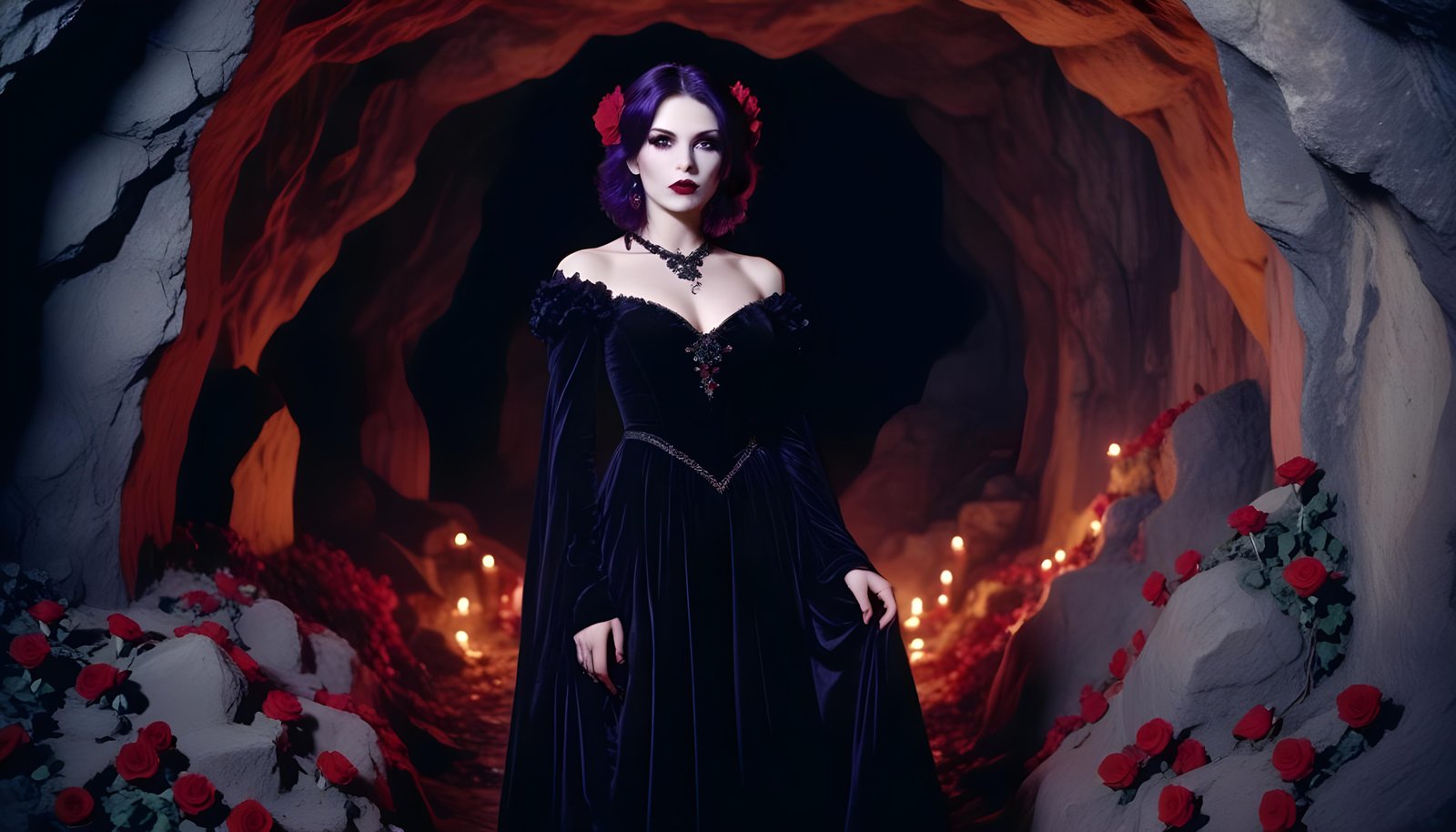 Mystical Vampire Queen Holding Red Rose in Dark Fantasy Gothic Setting