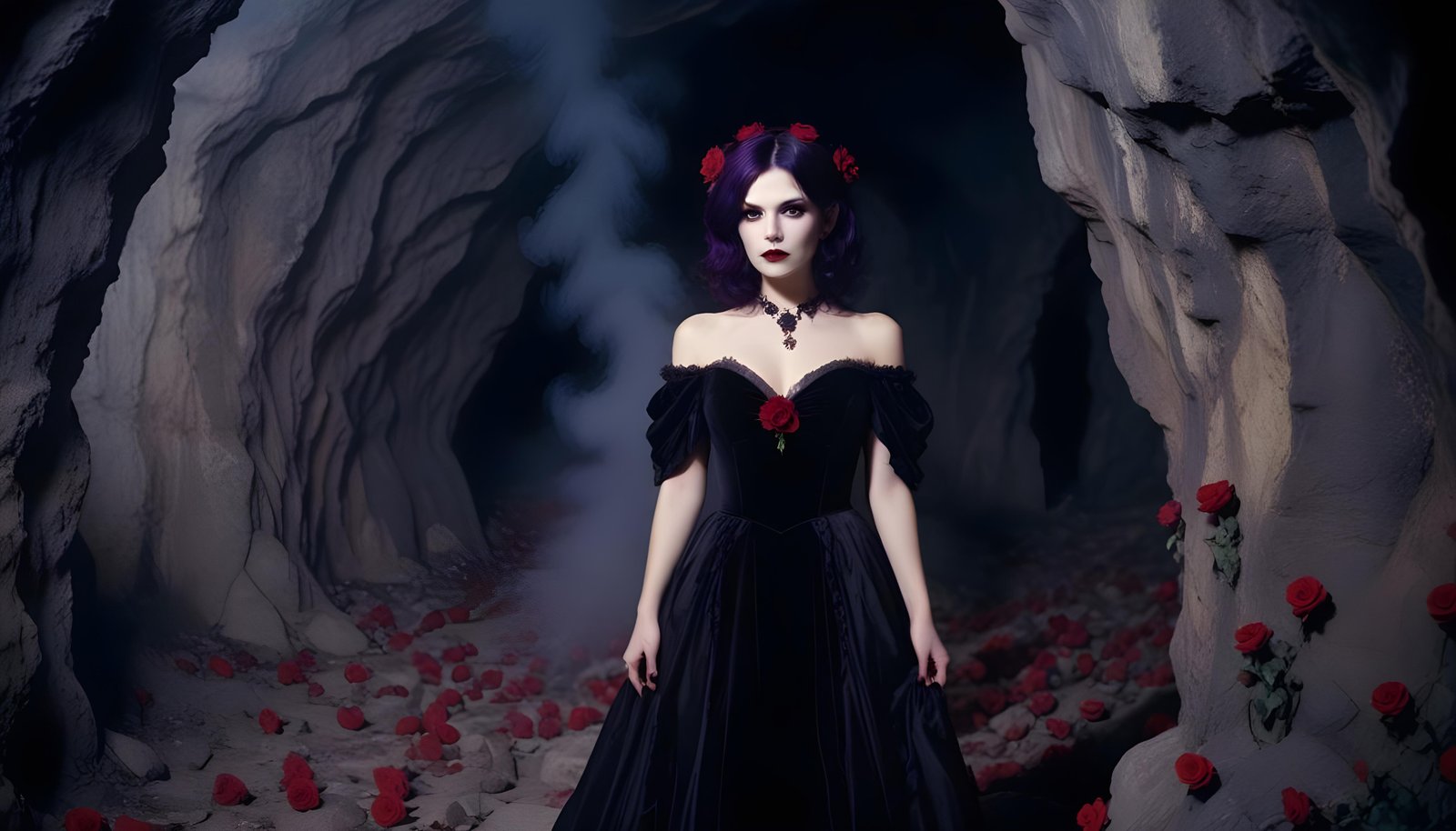 Mystical Vampire Queen Holding Red Rose in Dark Fantasy Gothic Setting