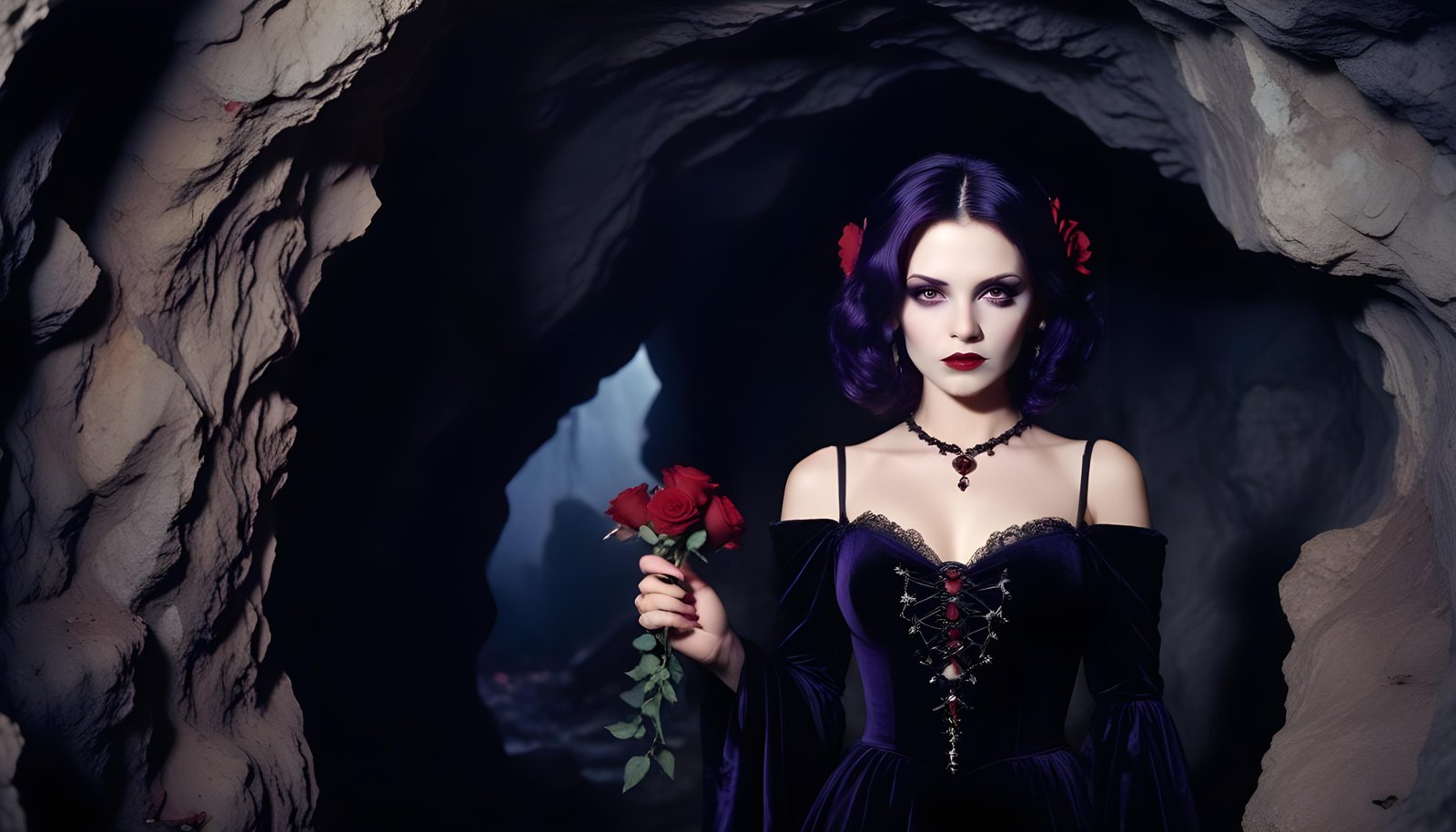Mystical Vampire Queen Holding Red Rose in Dark Fantasy Gothic Setting