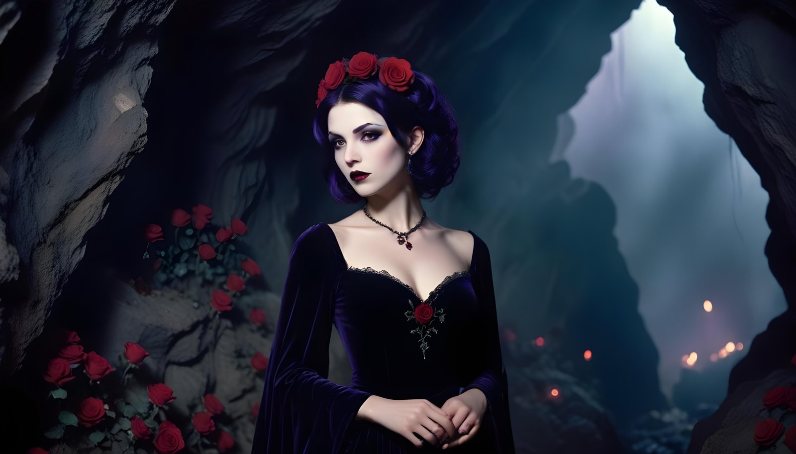 Mystical Vampire Queen Holding Red Rose in Dark Fantasy Gothic Setting