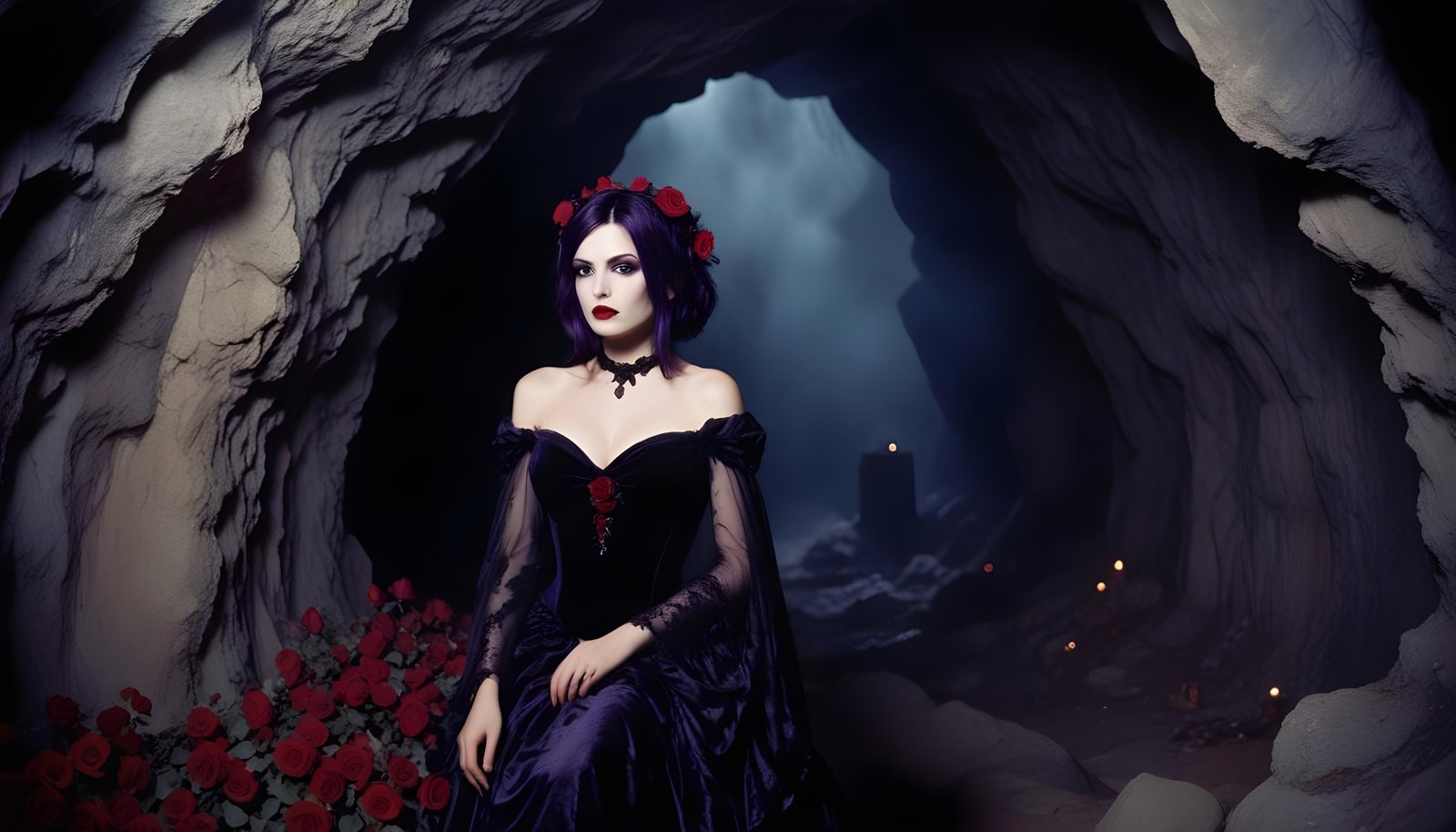 Mystical Vampire Queen Holding Red Rose in Dark Fantasy Gothic Setting