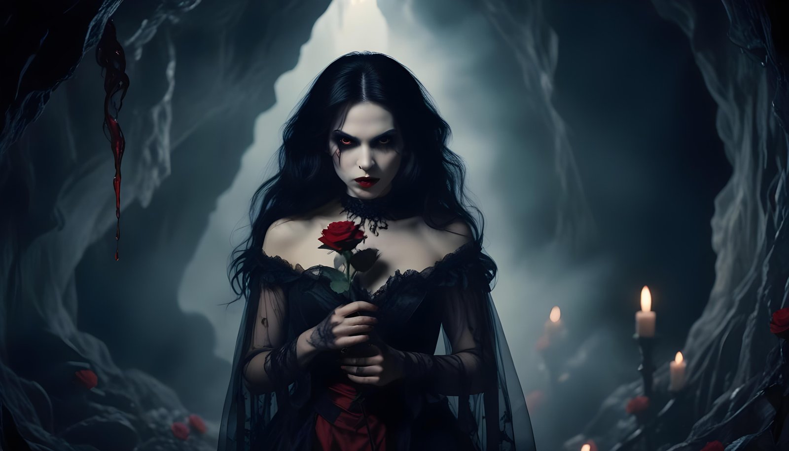 Mystical Vampire Queen Holding Red Rose in Dark Fantasy Gothic Setting
