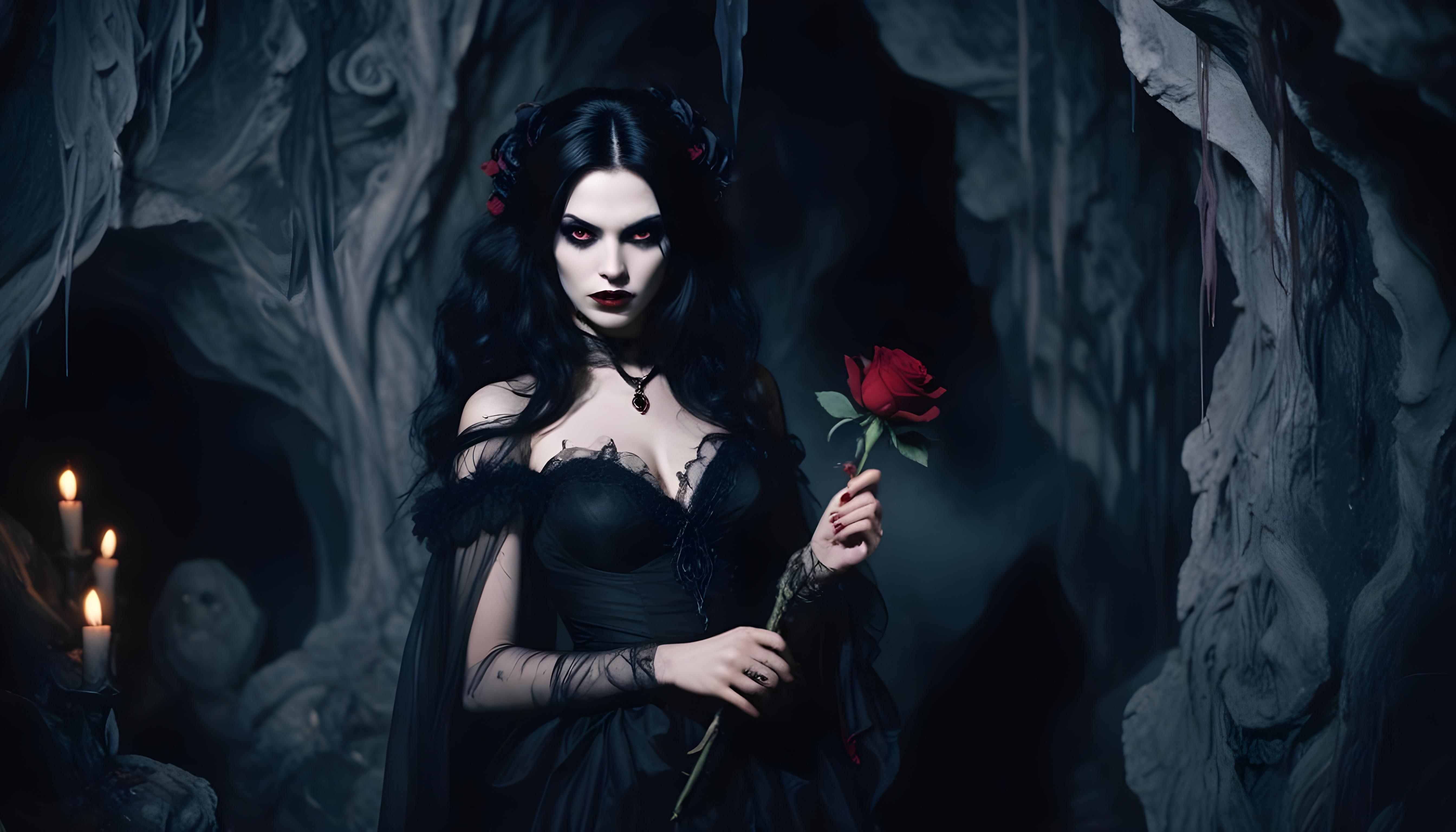 Mystical Vampire Queen Holding Red Rose in Dark Fantasy Gothic Setting