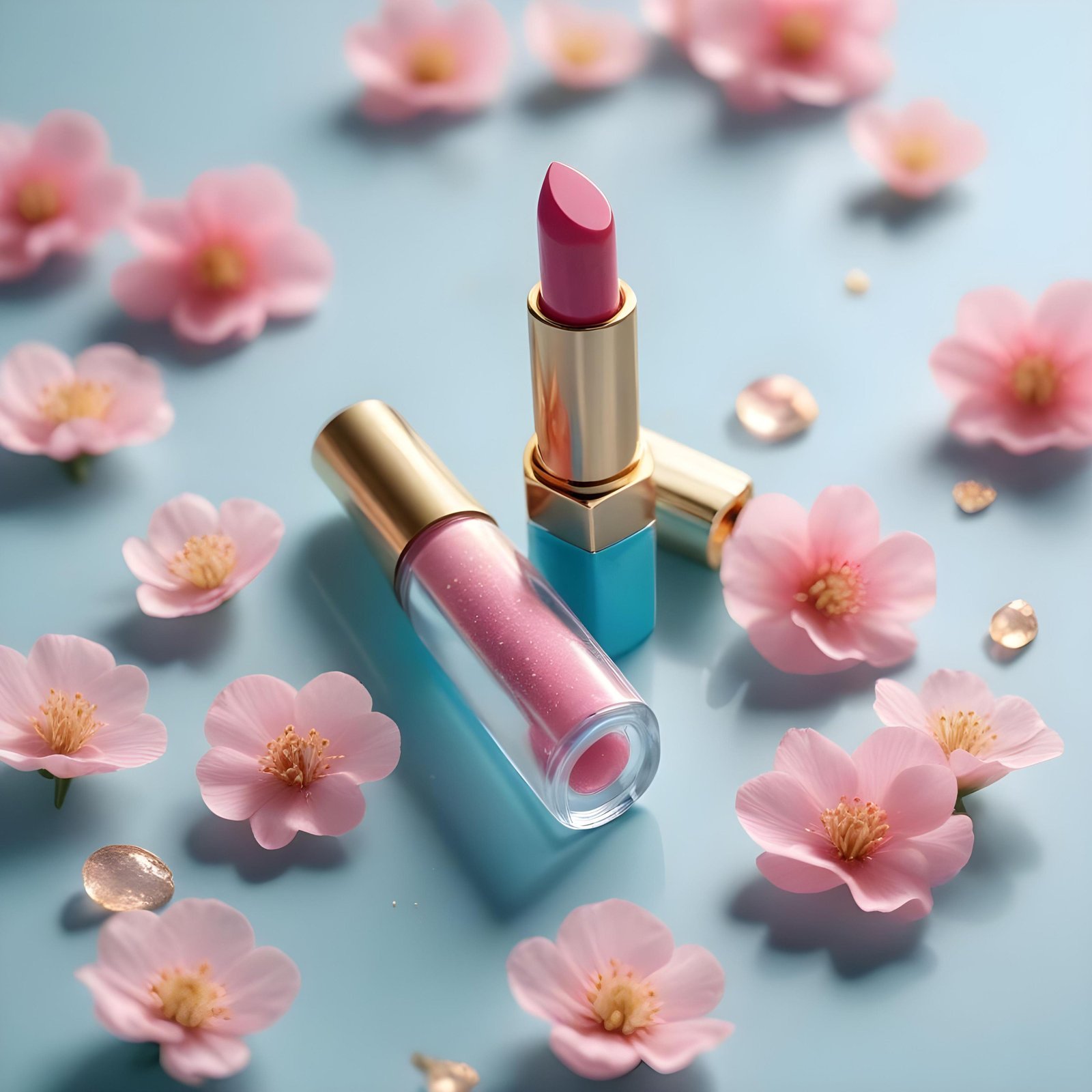 Premium Pink Lipstick and Lip Gloss Cosmetic Product Mockup on Clean Background