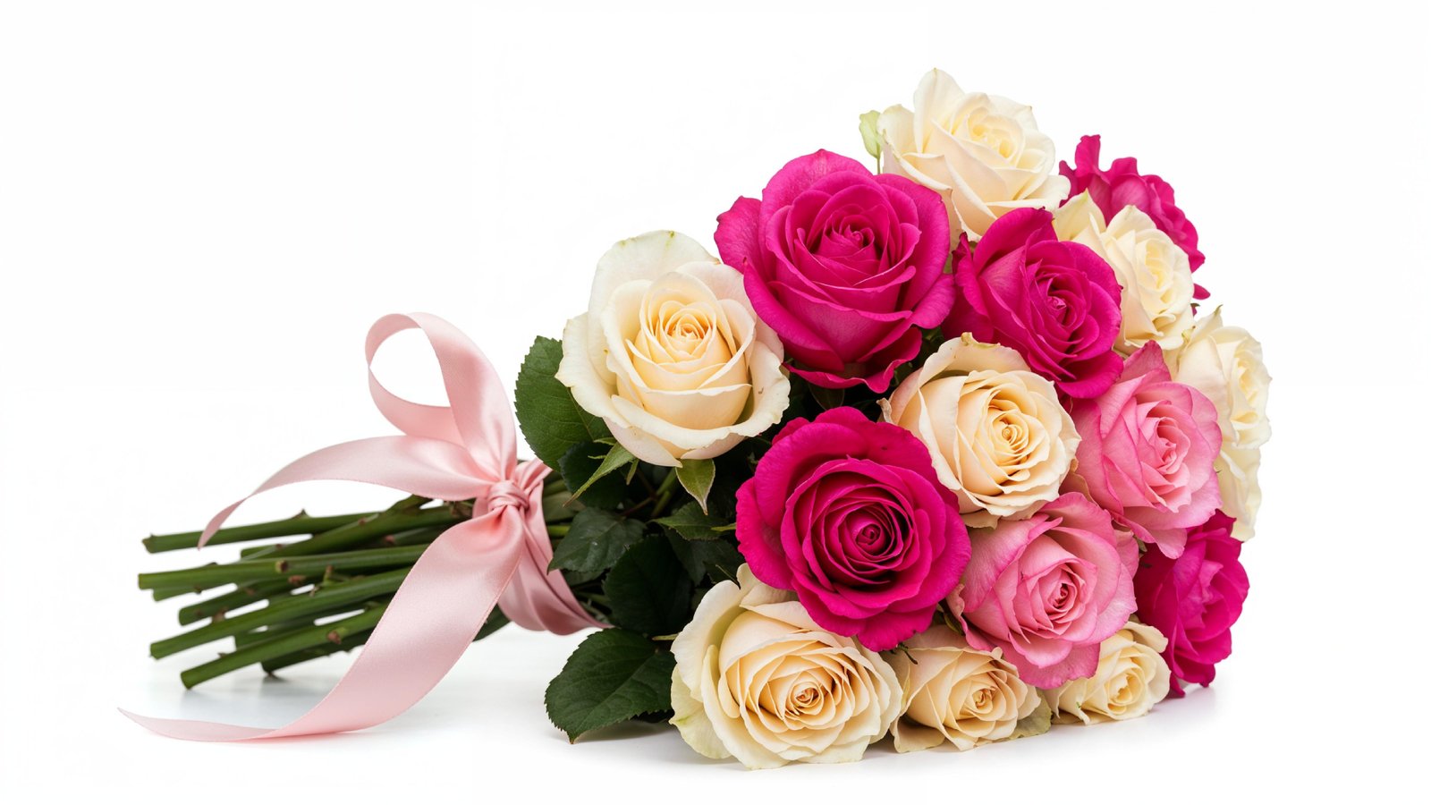 Romantic Pink and White Rose Bouquet with Ribbon