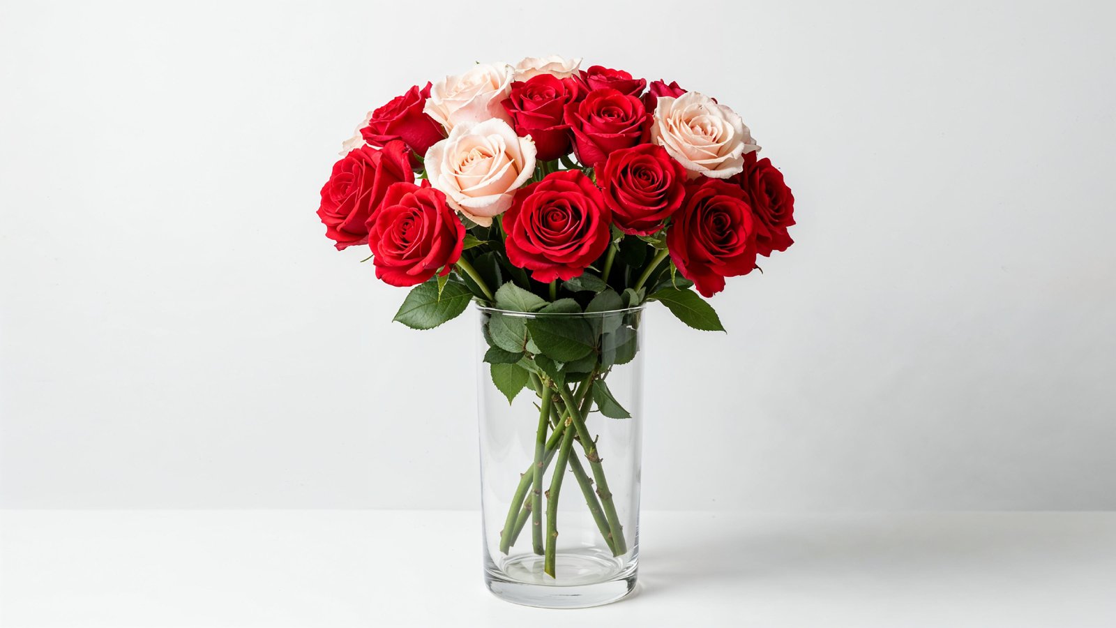 Romantic Red and Blush Rose Bouquet in Glass Vase