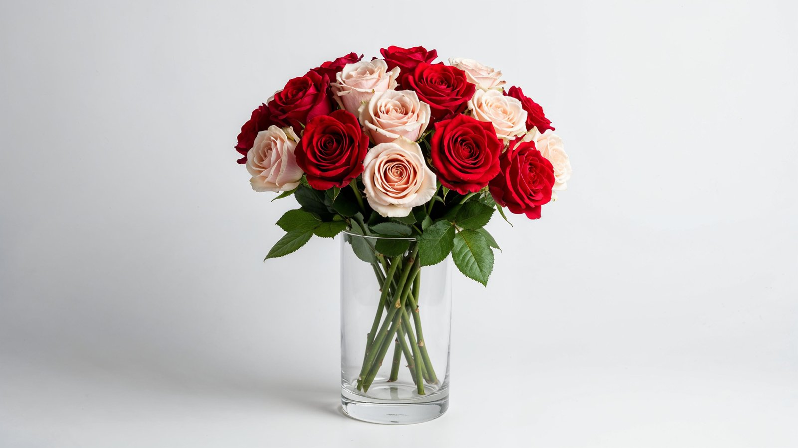 Romantic Red and Blush Rose Bouquet in Glass Vase